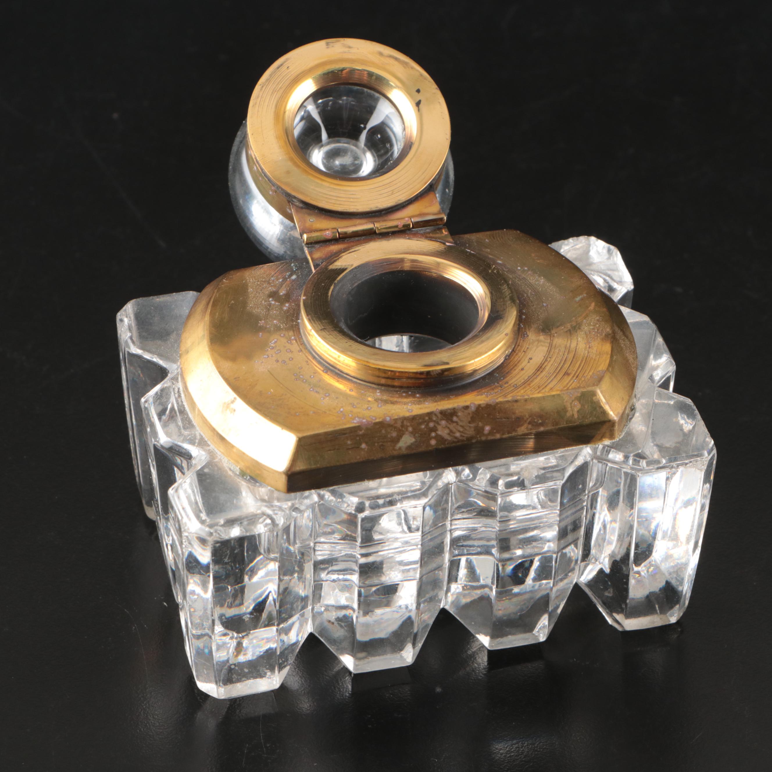 Crystal and Brass Inkwells