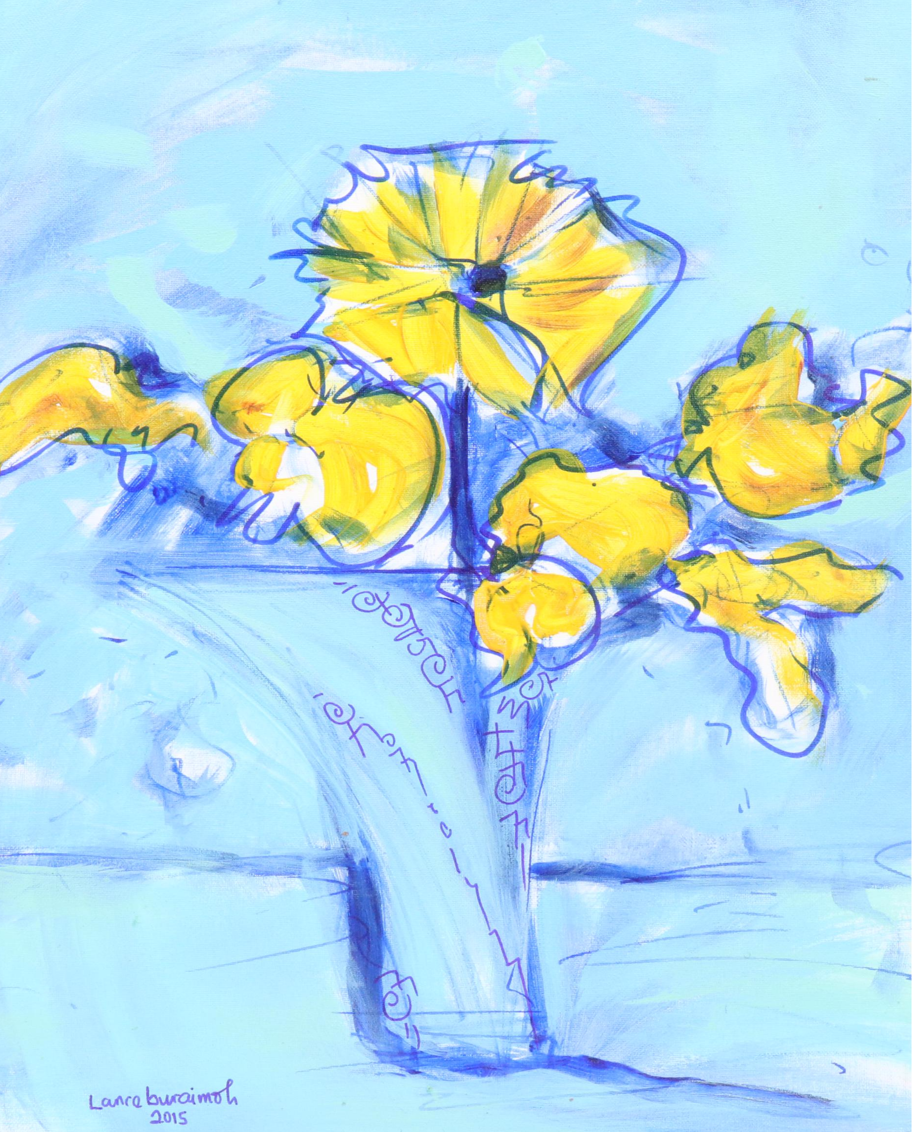 Lanre Buraimoh Stylized Floral Mixed Media Painting, 2015