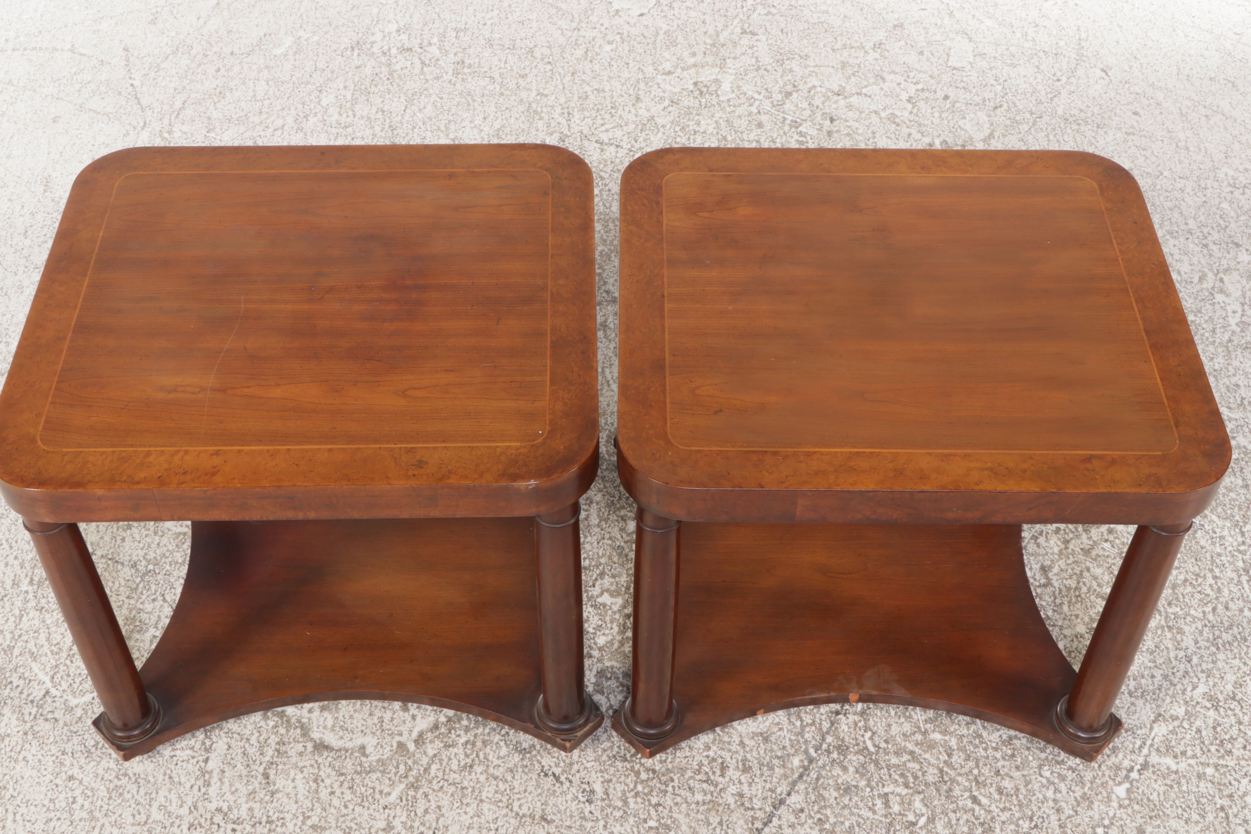 Pair of Baker Furniture Empire Style Burl Wood and Walnut End Tables