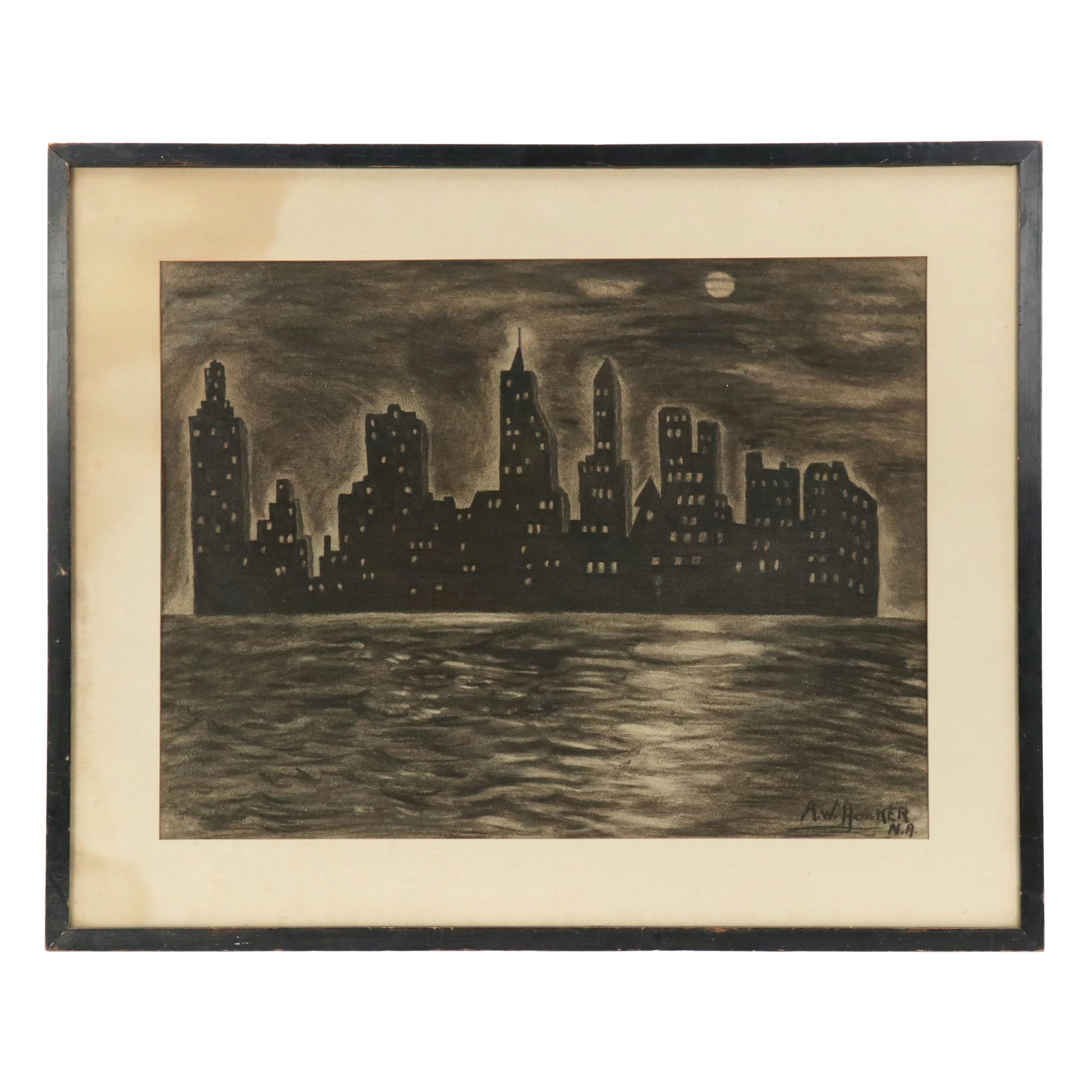 A. W. Hooker Charcoal Drawing of City Skyline on River