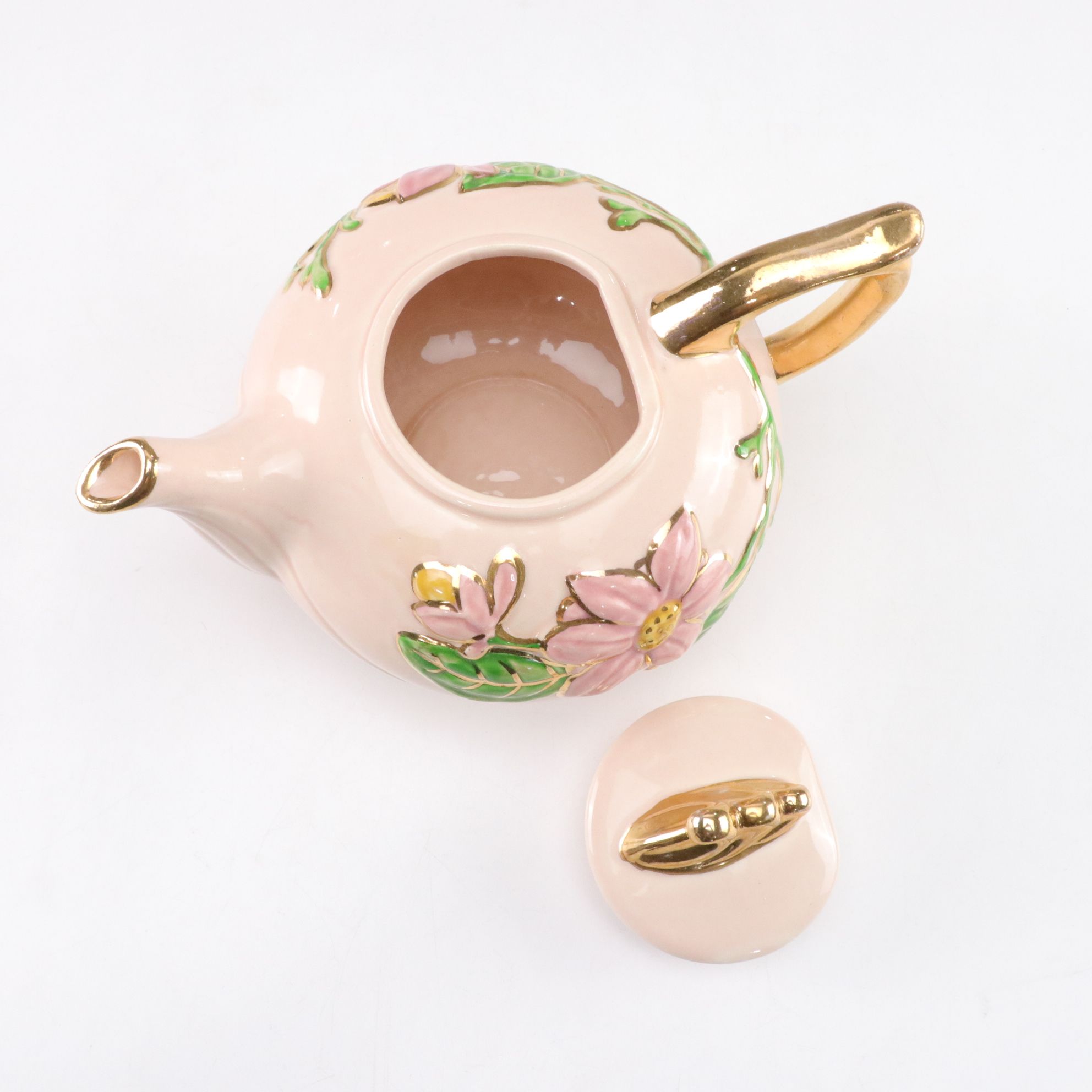 Hull Art Pottery "Magnolia Pink" Glossy Tea Set with Gilt Trim, 1940s
