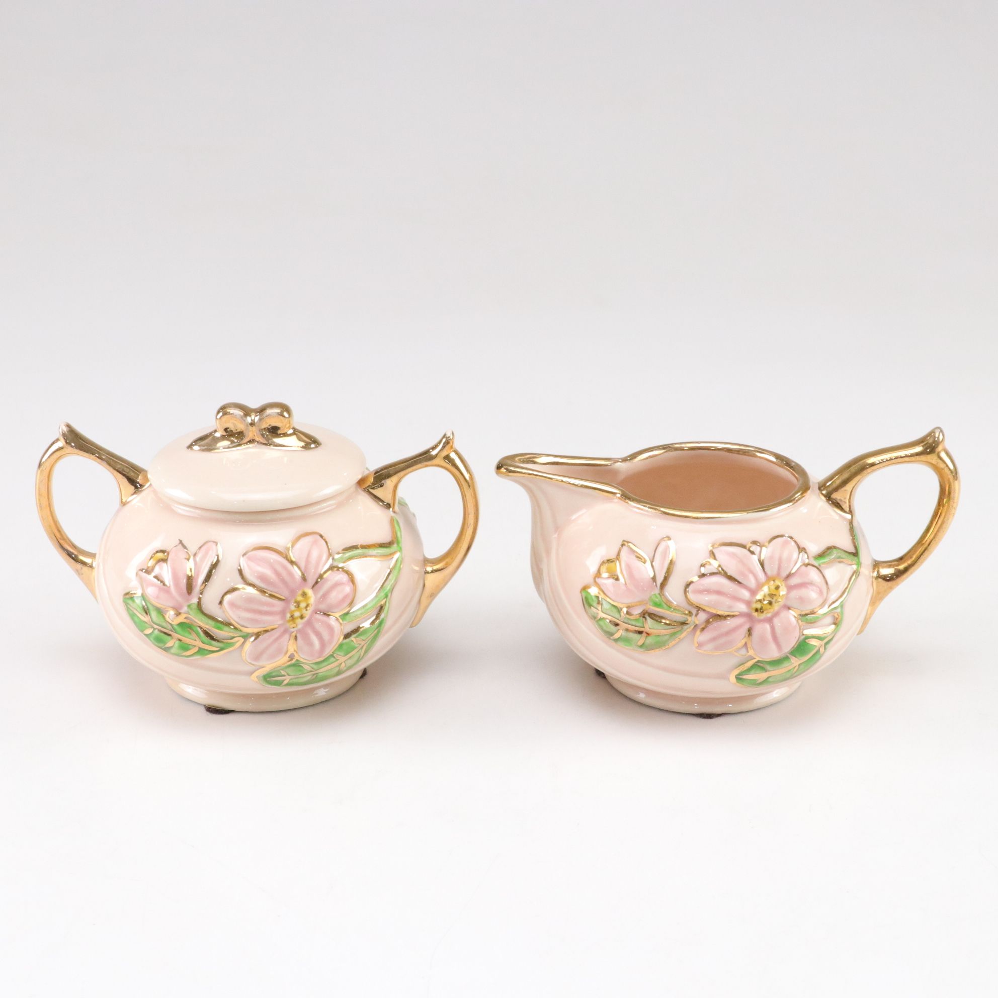 Hull Art Pottery "Magnolia Pink" Glossy Tea Set with Gilt Trim, 1940s