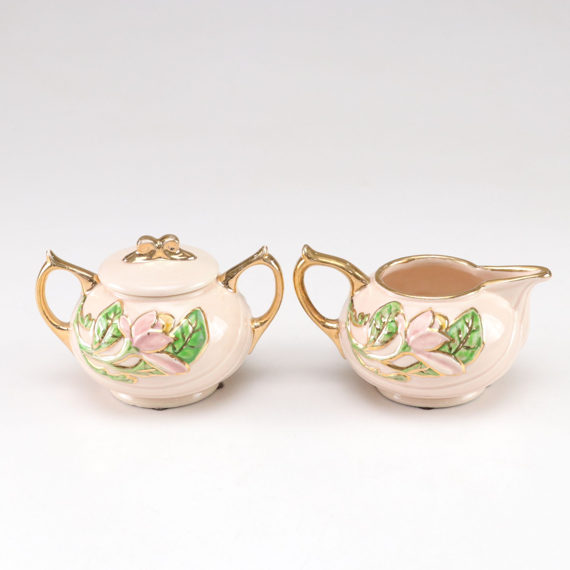 Hull Art Pottery "Magnolia Pink" Glossy Tea Set with Gilt Trim, 1940s