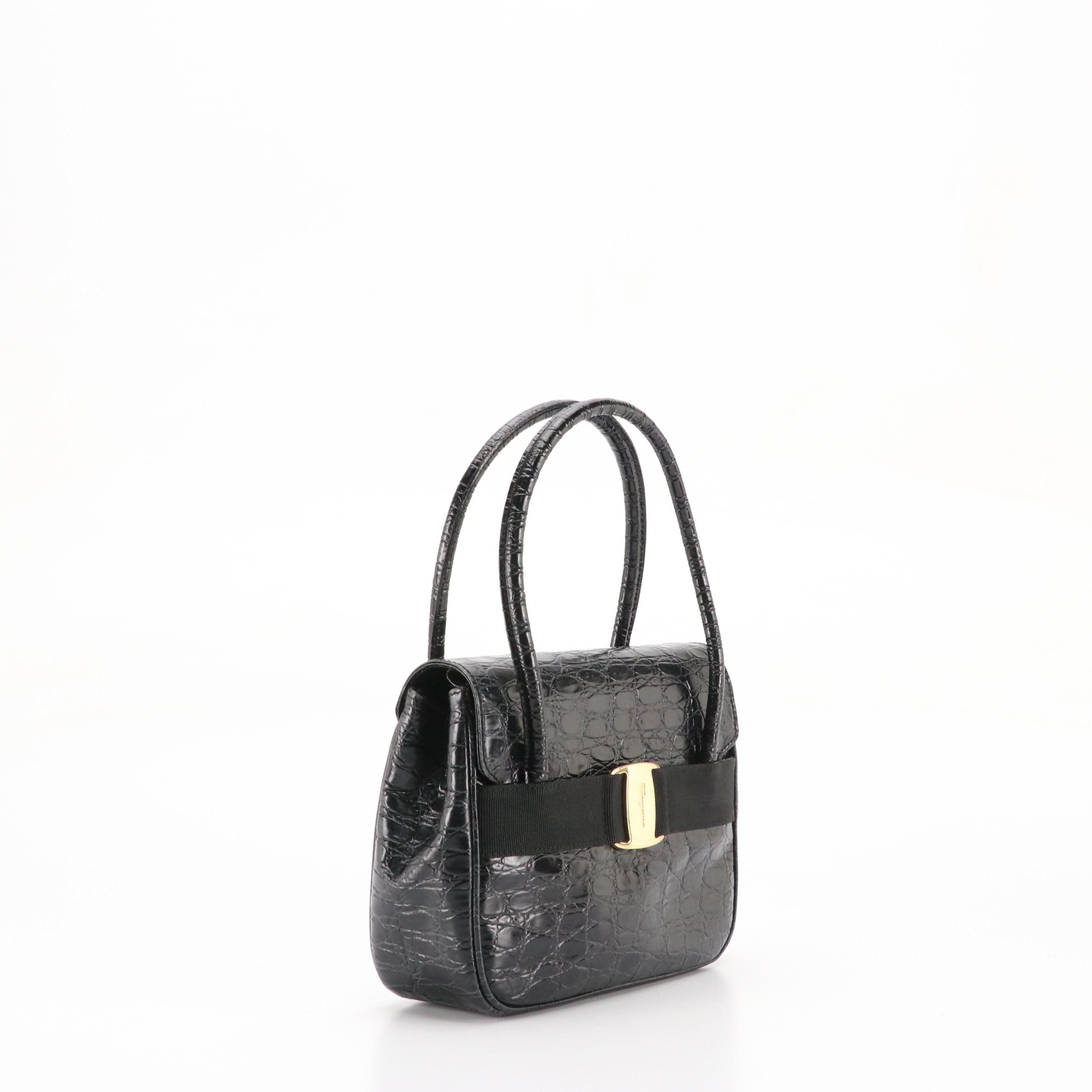 Salvatore Ferragamo Front Flap Two-Way Bag in Shiny Croc Embossed Leather