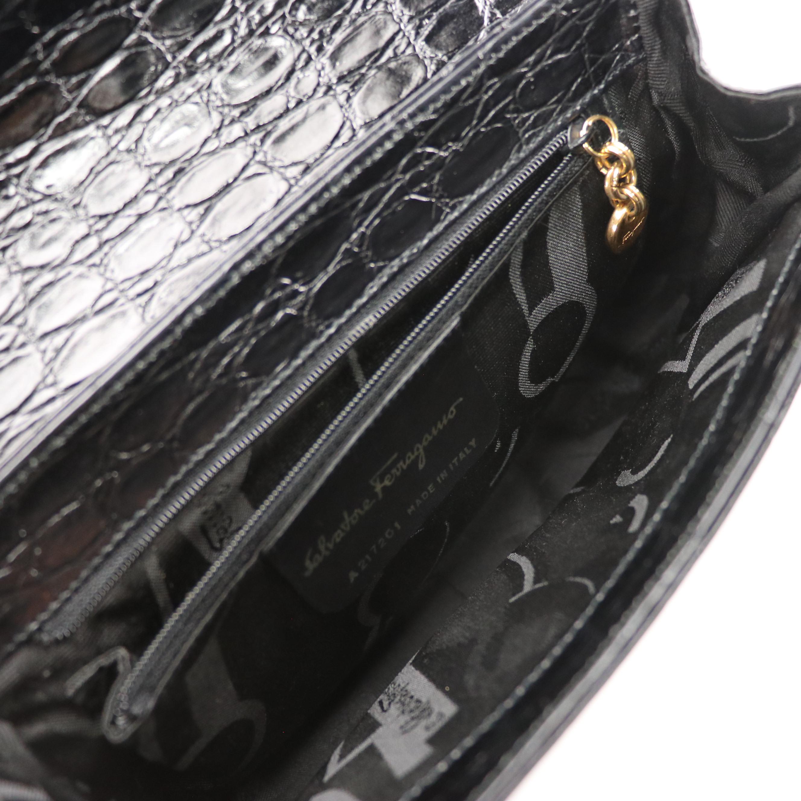 Salvatore Ferragamo Front Flap Two-Way Bag in Shiny Croc Embossed Leather