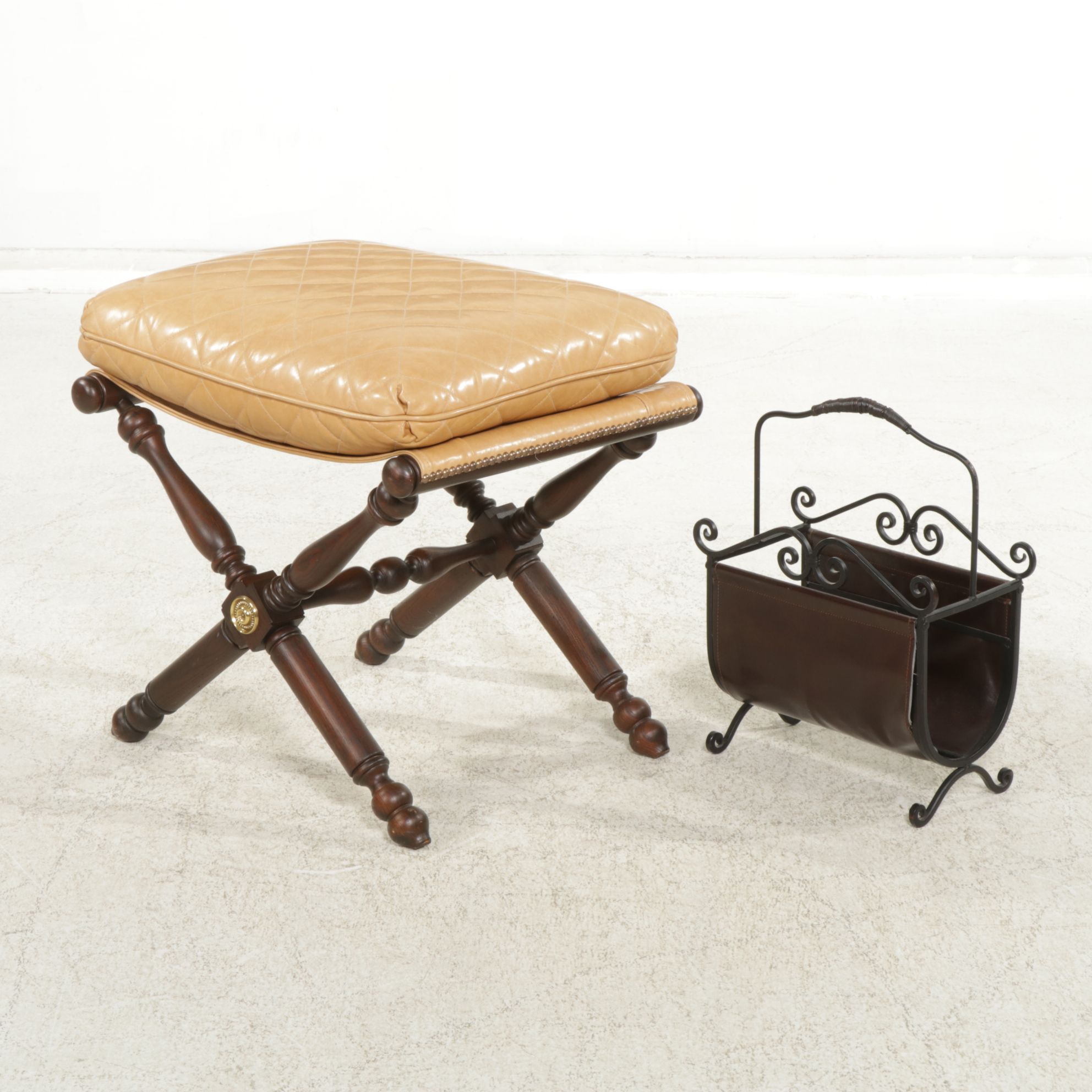 Lillian August X-Leg Bench with Quilted Leather Cushion and Iron Magazine Rack