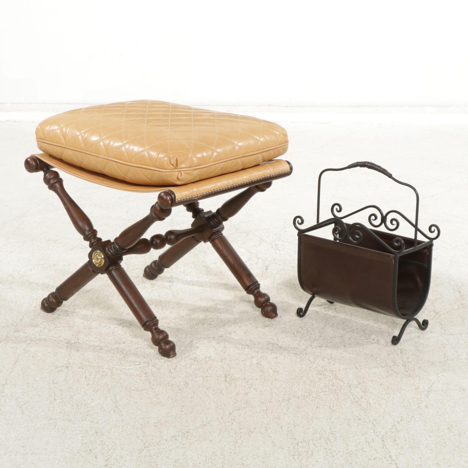 Lillian August X-Leg Bench with Quilted Leather Cushion and Iron Magazine Rack