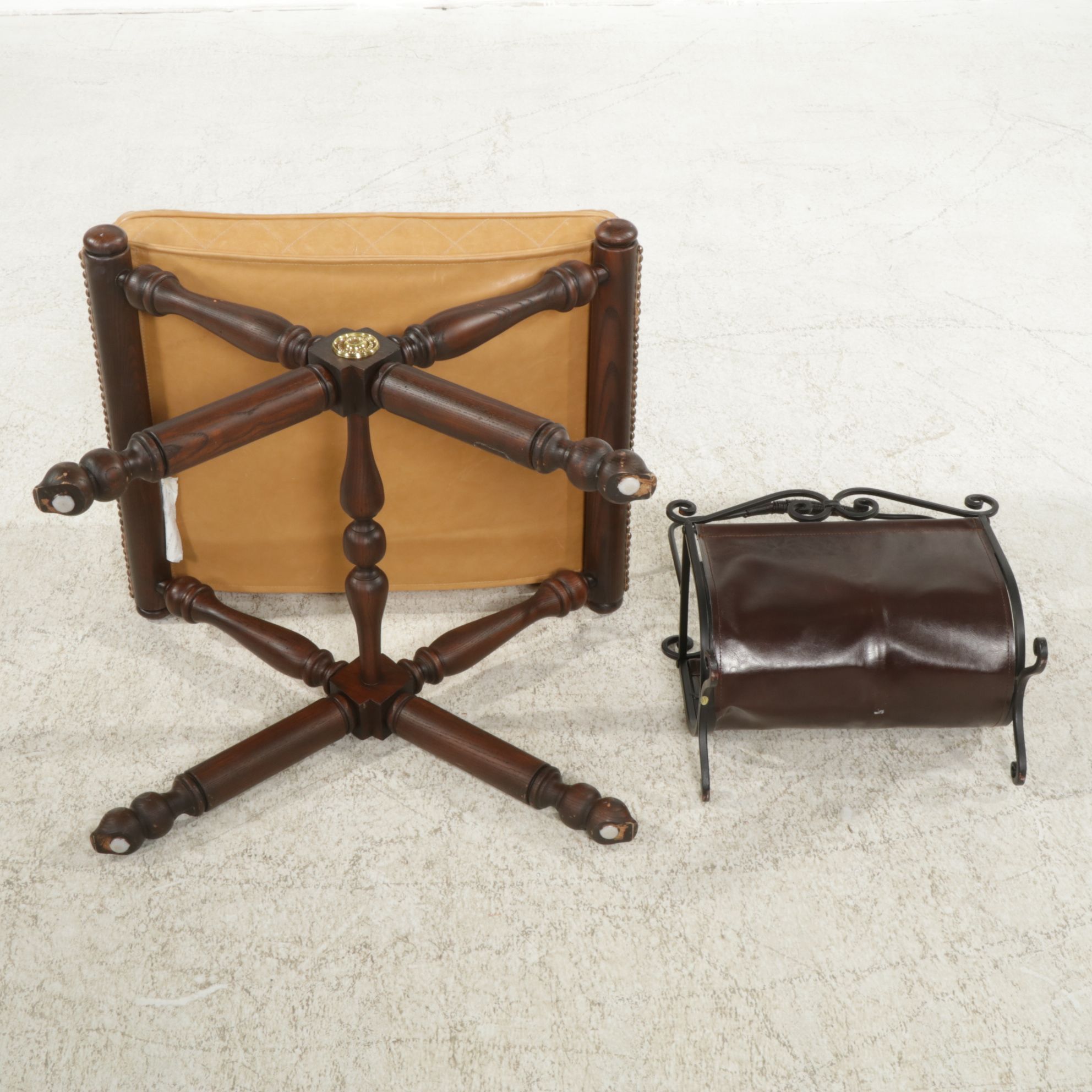 Lillian August X-Leg Bench with Quilted Leather Cushion and Iron Magazine Rack