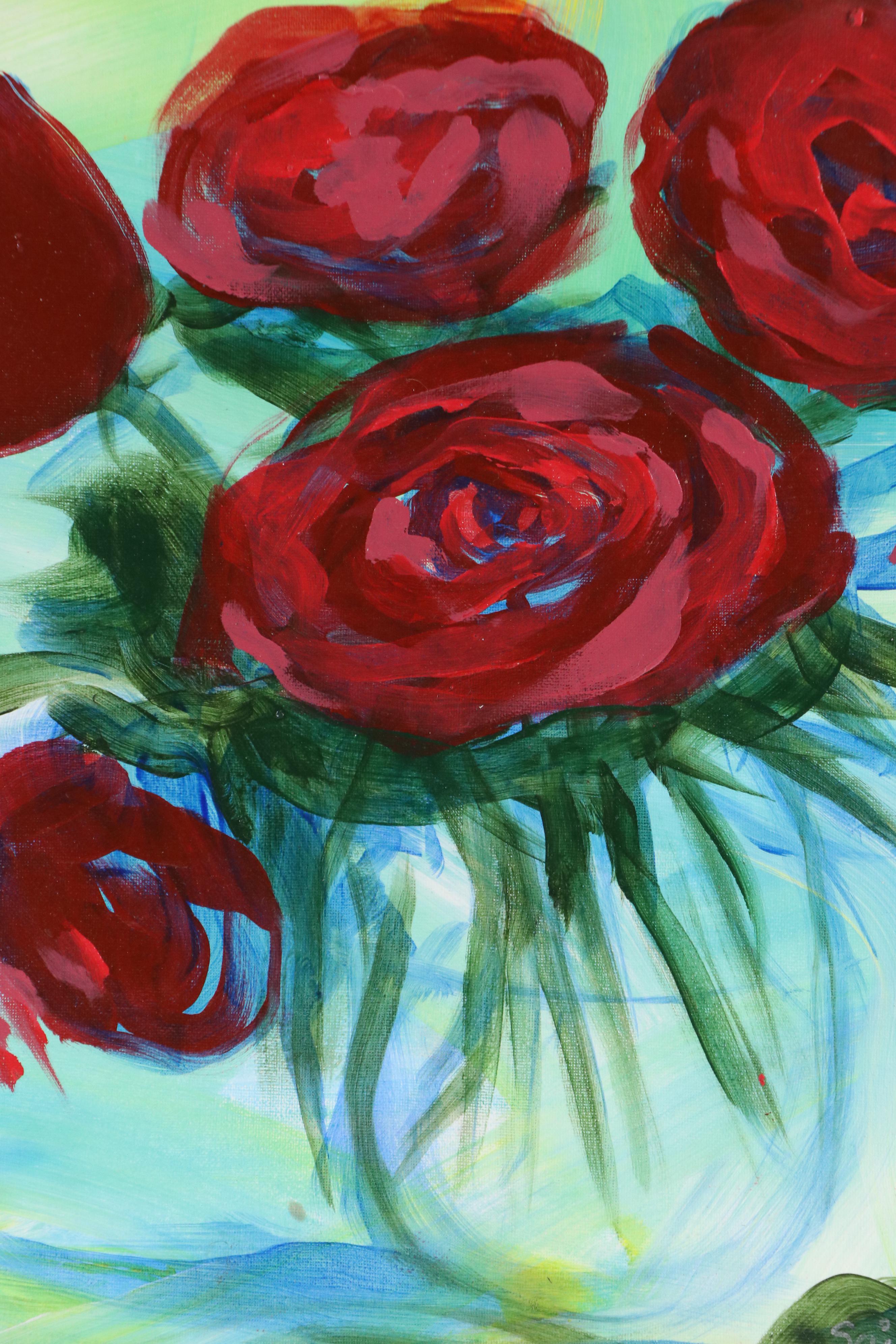 Said Oladejo-Iawal Still Life Acrylic Painting with Roses in Glass, 2020