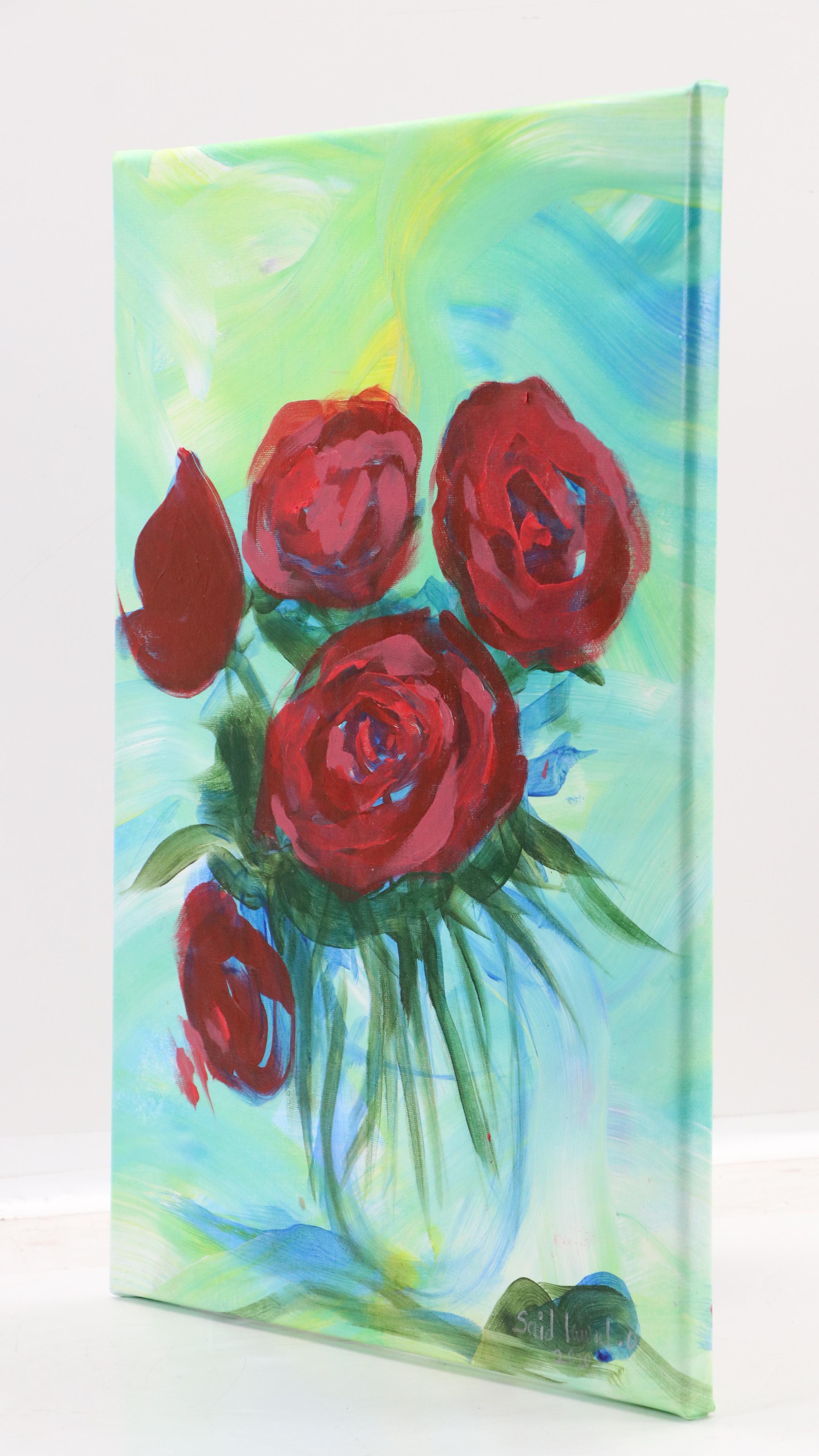 Said Oladejo-Iawal Still Life Acrylic Painting with Roses in Glass, 2020