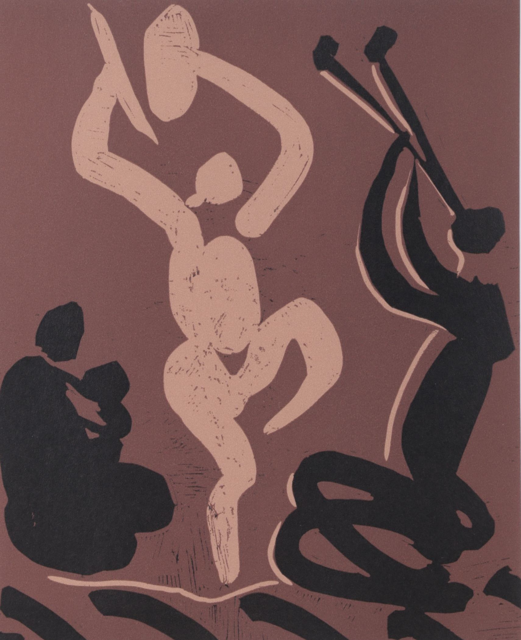 Pablo Picasso Linoleum Cut "Mother and Child With Dancer and Flute Player"