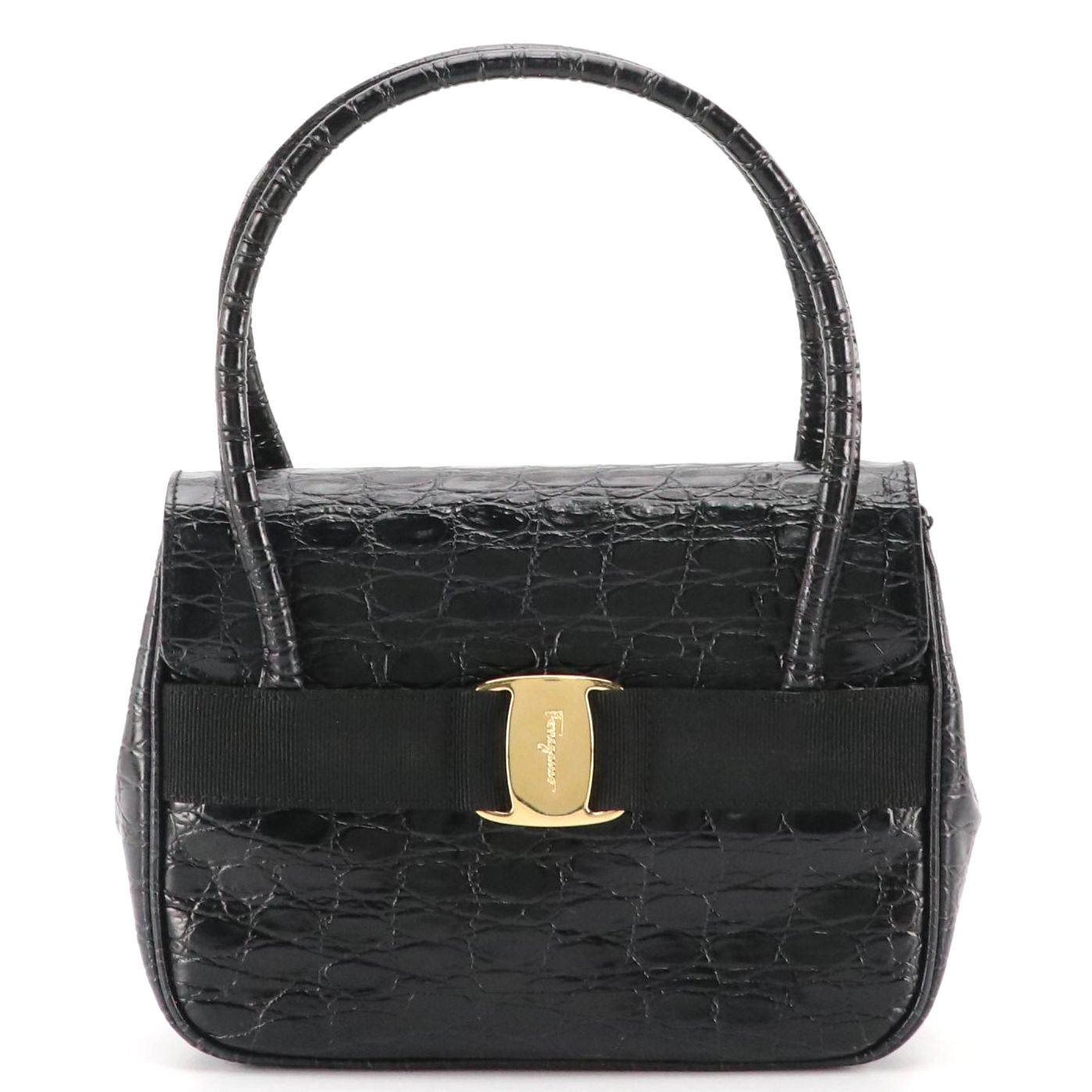 Salvatore Ferragamo Front Flap Two-Way Bag in Shiny Croc Embossed Leather