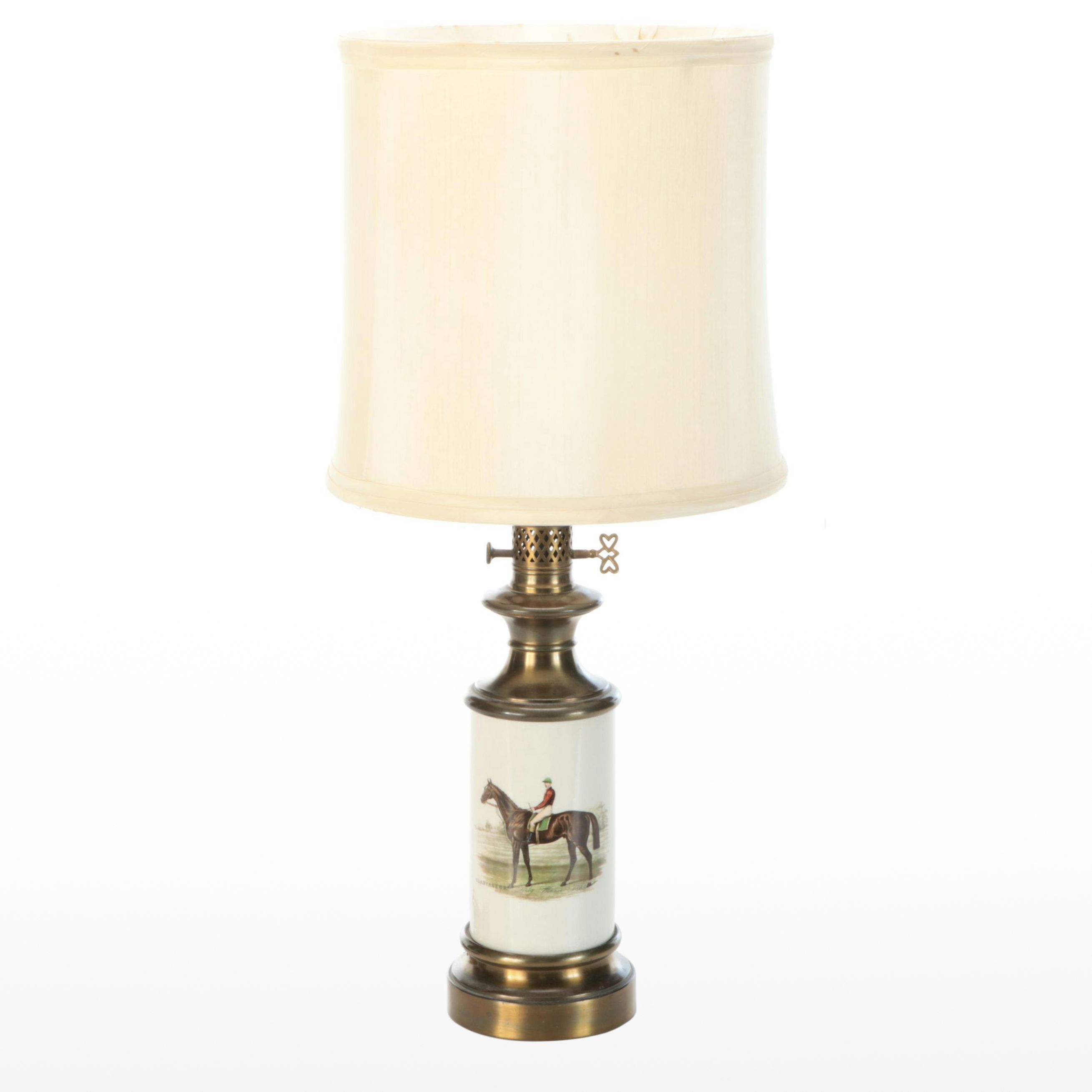 English Derby Print on Continental Oil Lamp Style Table Lamp, Silk Shade