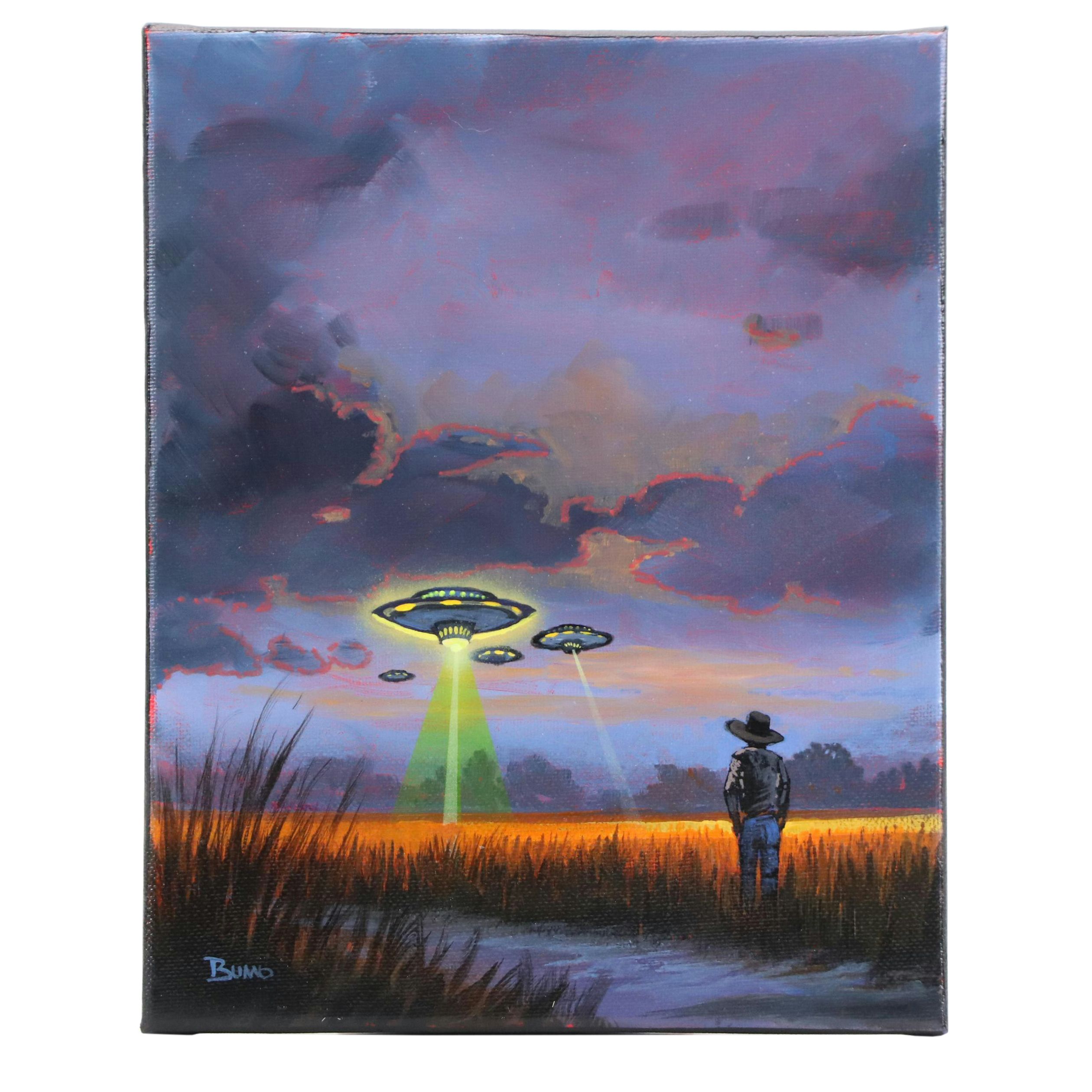 Doug "Bumo" Johnpeer Landscape Oil Painting with UFOs "Crop Circles," 2025