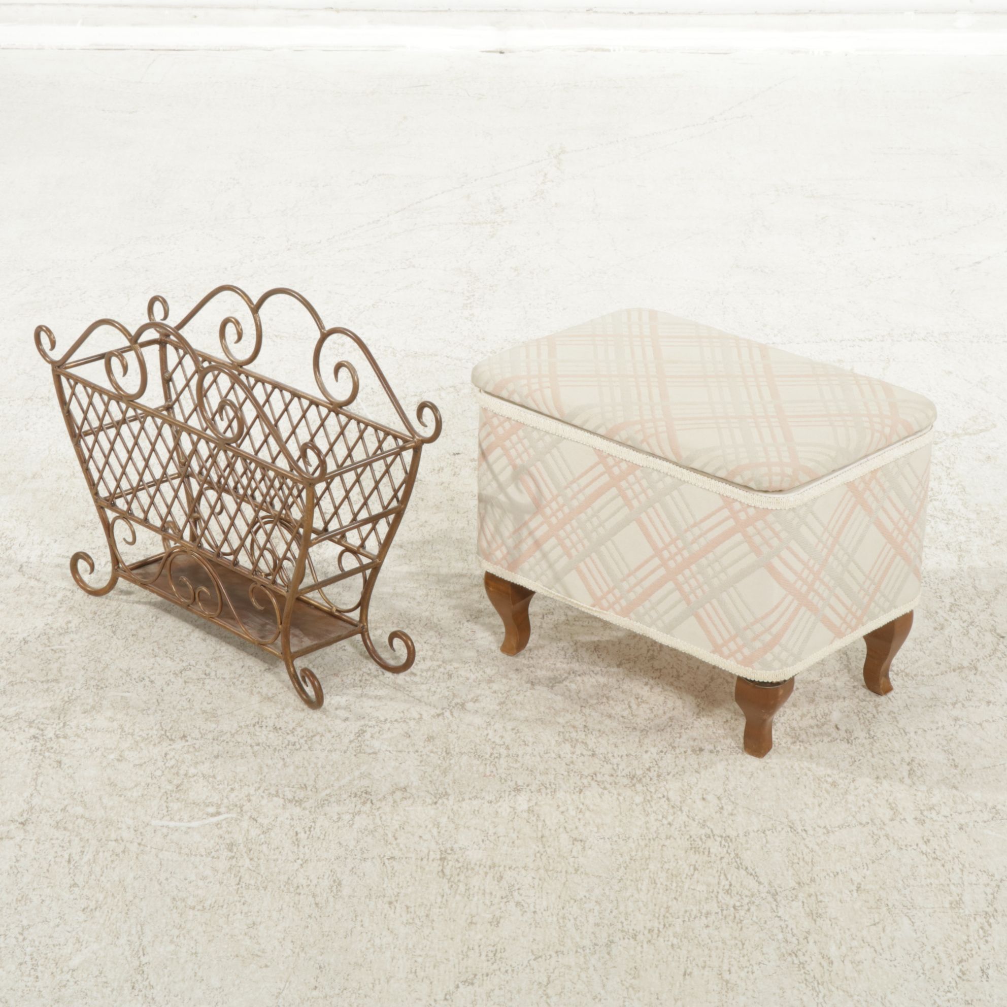 Storage Footstool and Wrought Iron Magazine Rack