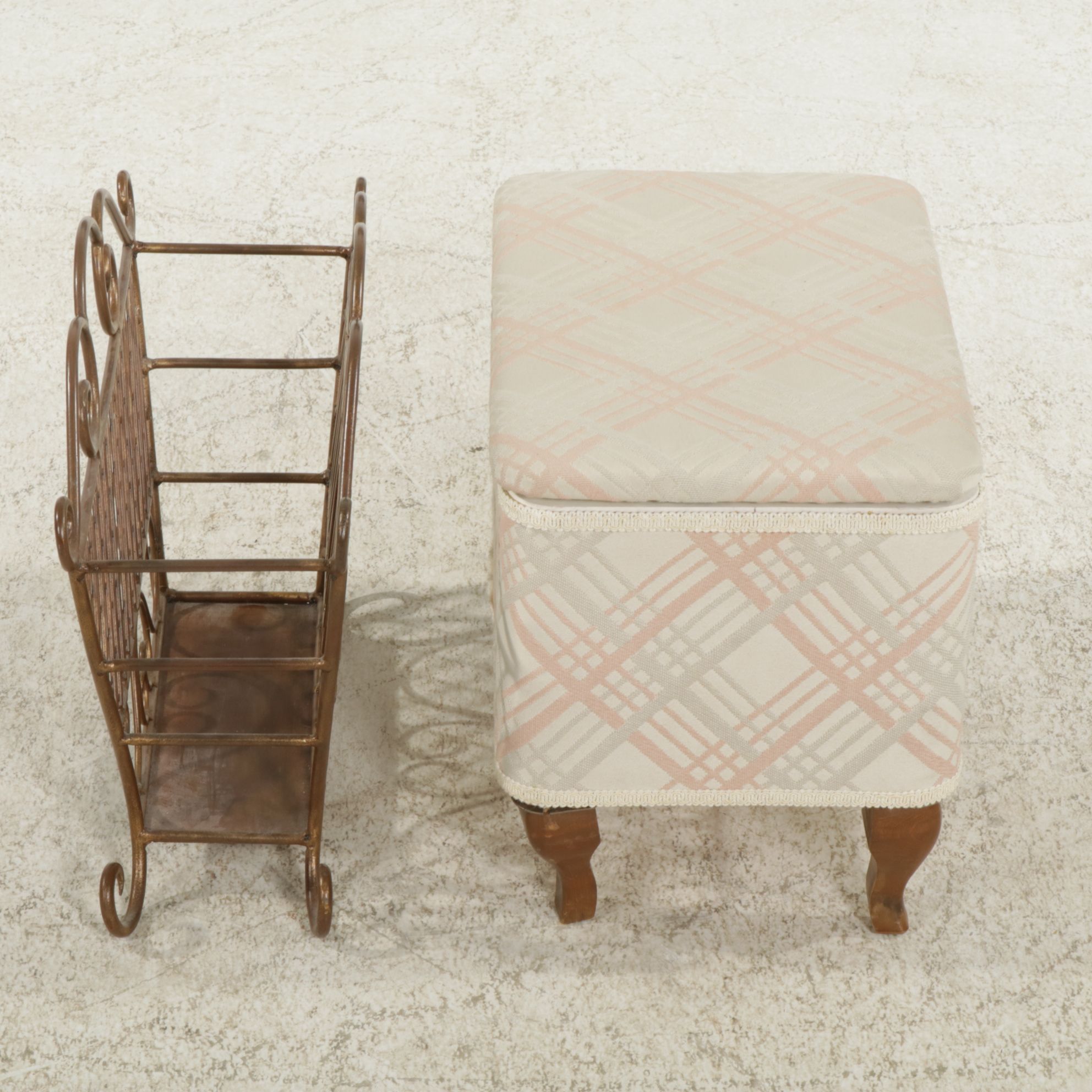 Storage Footstool and Wrought Iron Magazine Rack