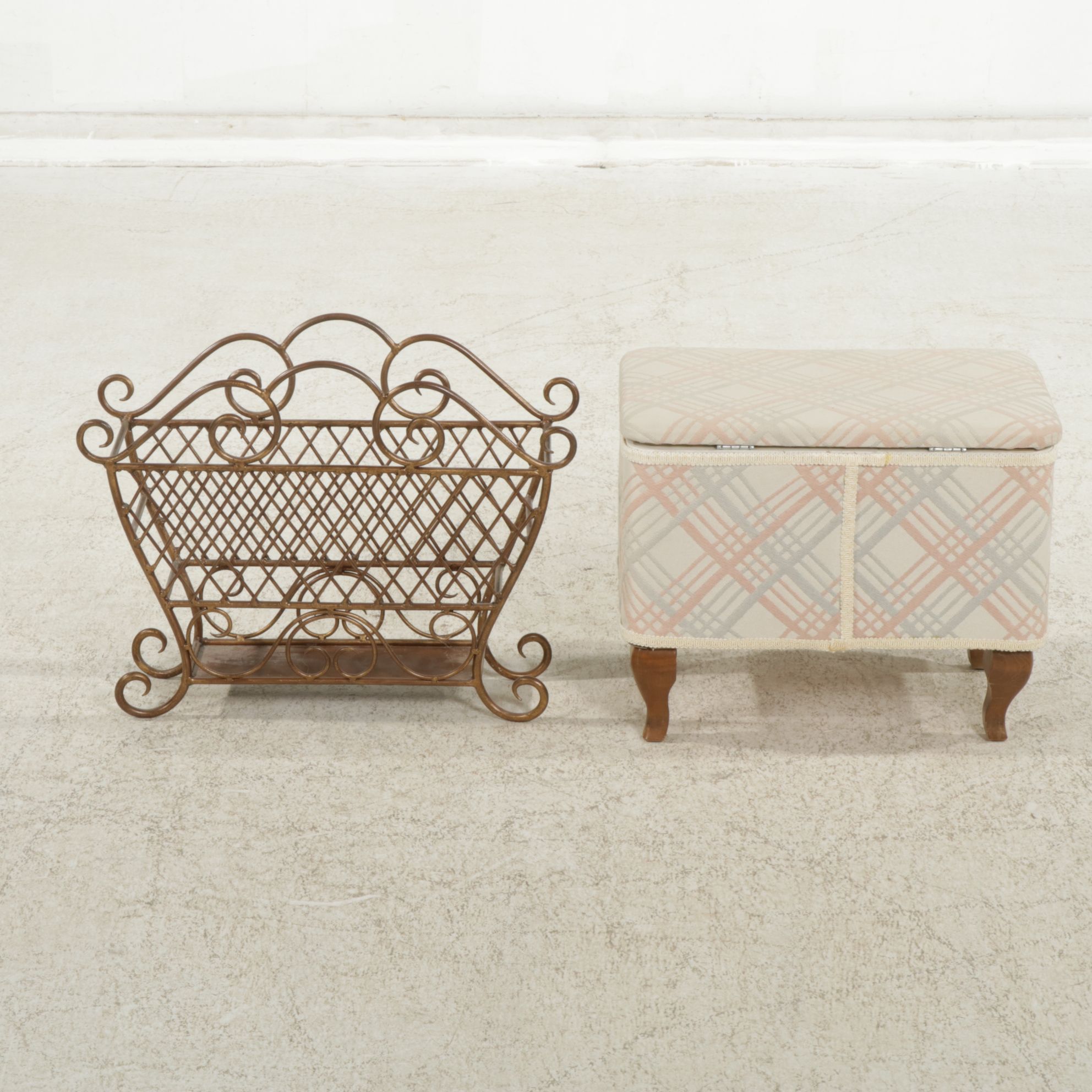 Storage Footstool and Wrought Iron Magazine Rack