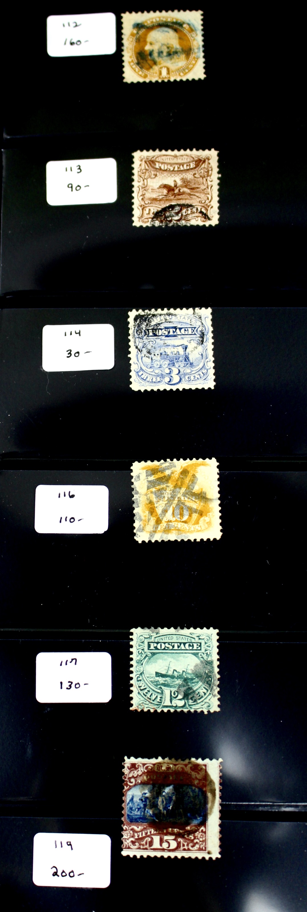 Six Used U.S. Pictorial Postage Stamps, 1869