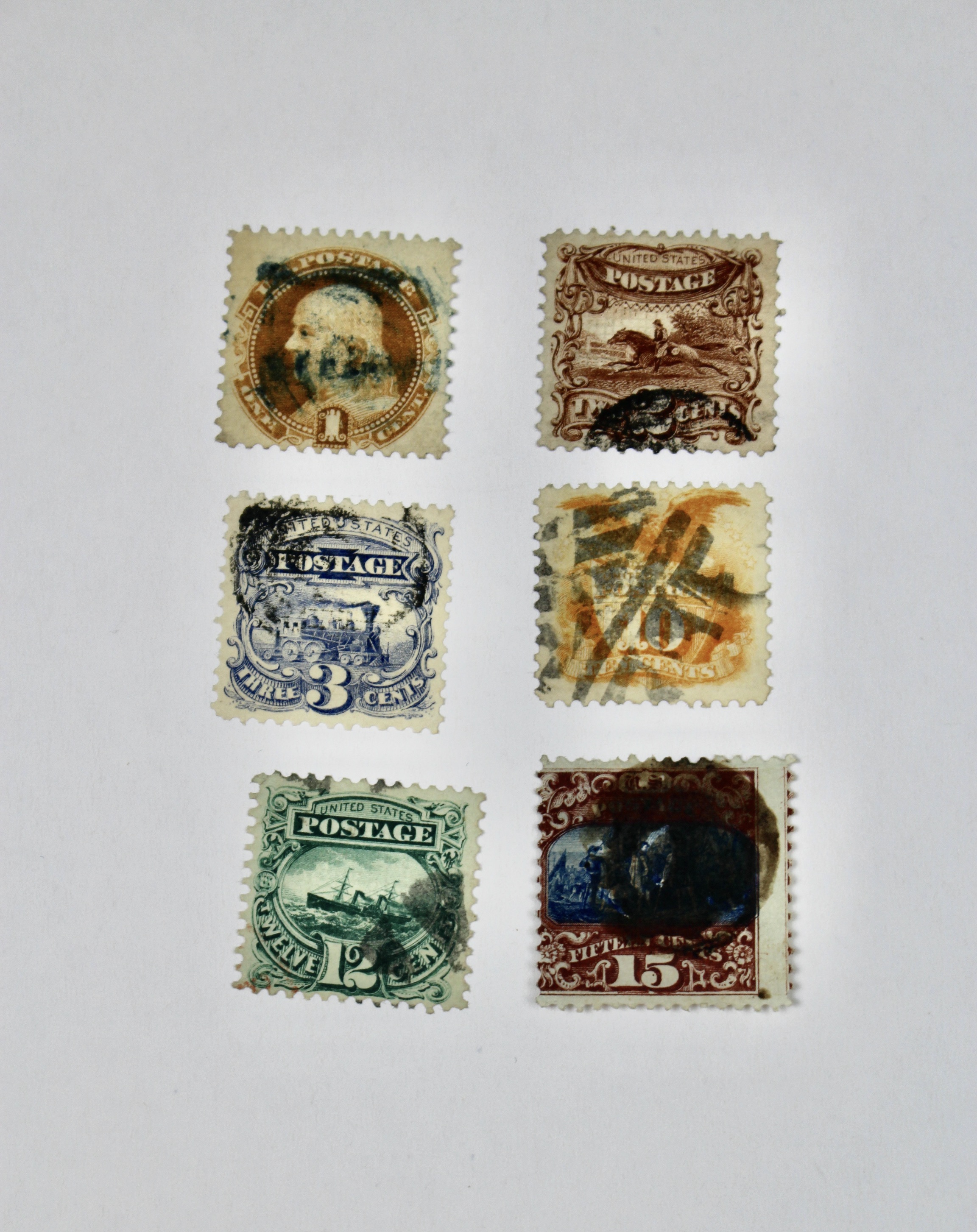 Six Used U.S. Pictorial Postage Stamps, 1869