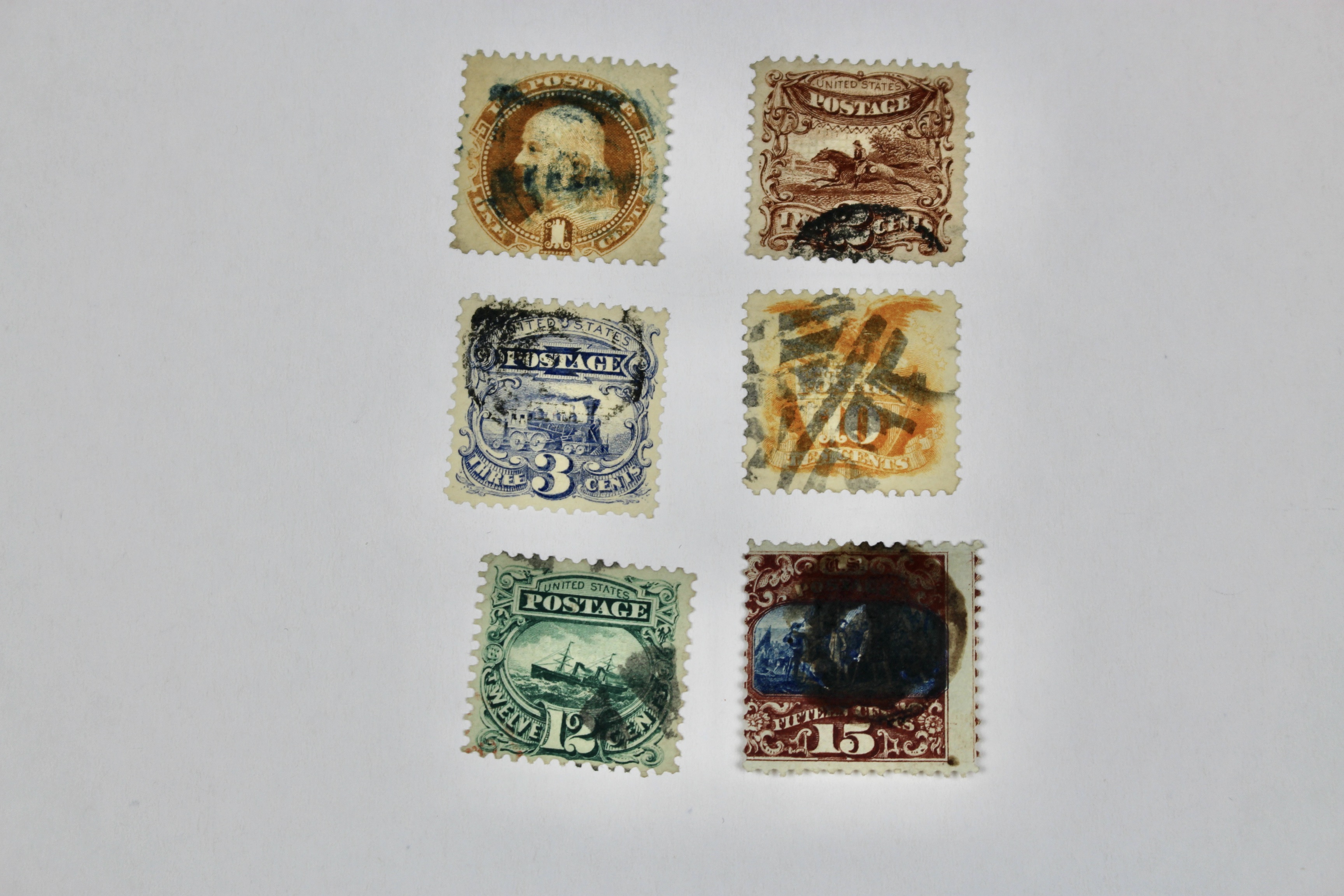 Six Used U.S. Pictorial Postage Stamps, 1869