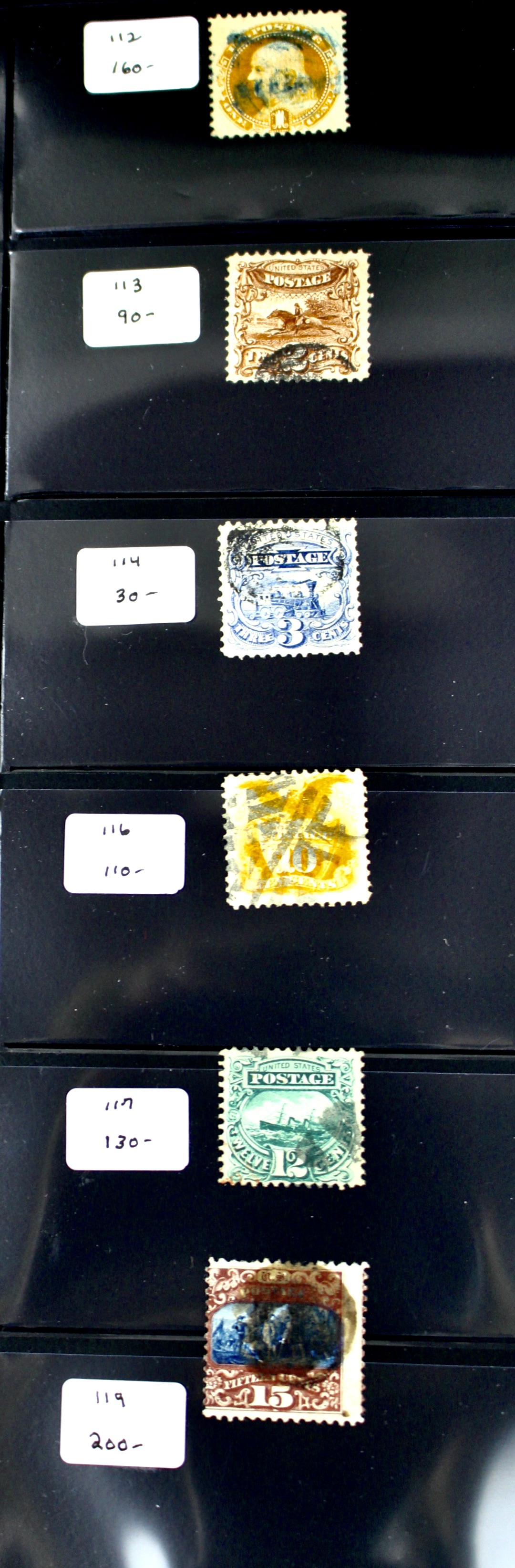 Six Used U.S. Pictorial Postage Stamps, 1869