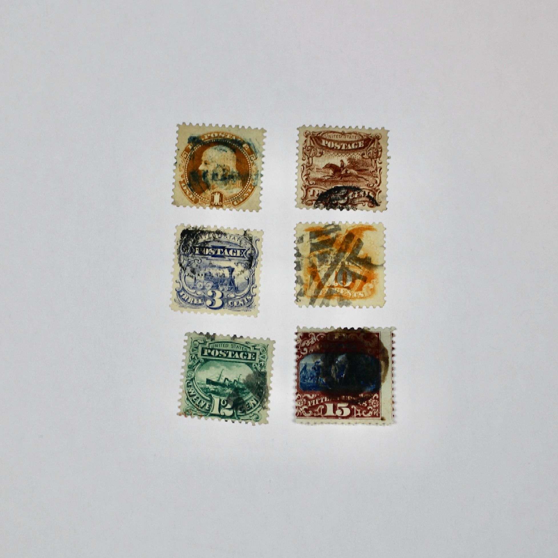 Six Used U.S. Pictorial Postage Stamps, 1869