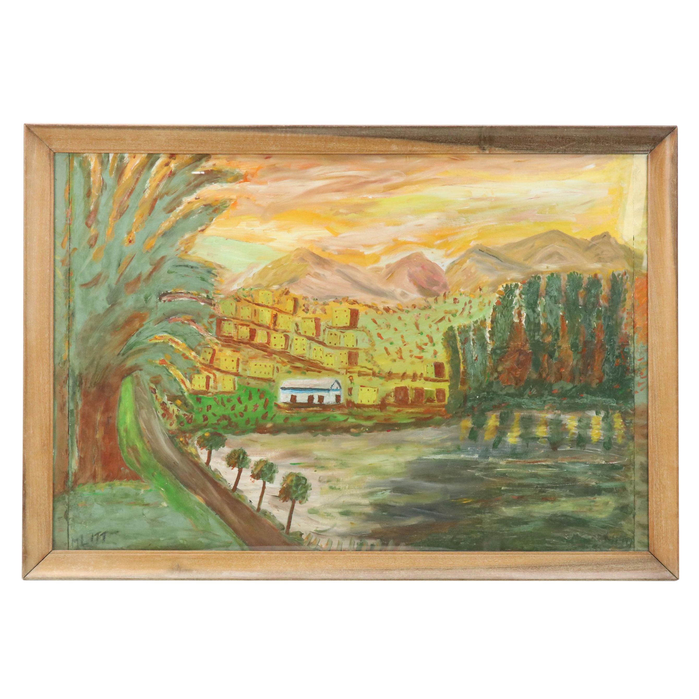 Acrylic Painting of Southwestern American Village Landscape