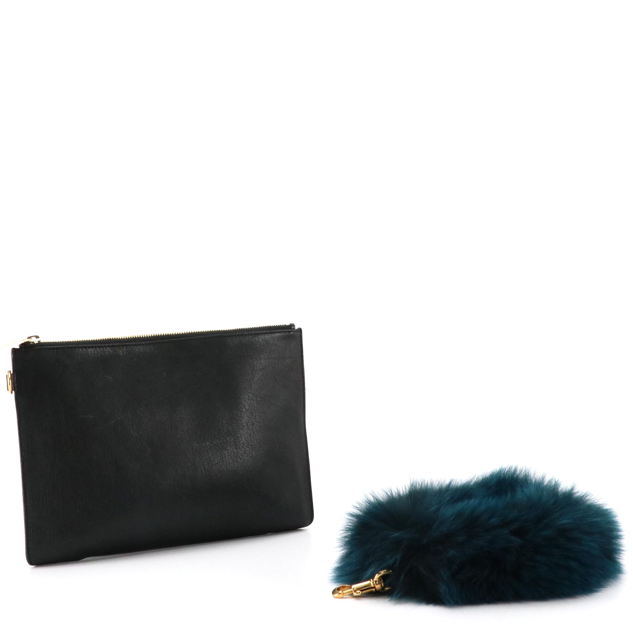 Chloé Black Leather Zip Pouch with Blue Dyed Fox Fur Wristlet