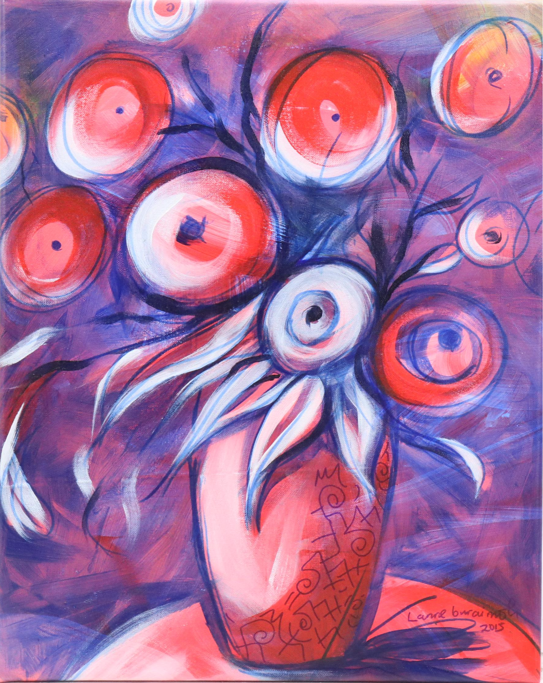 Lanre Buraimoh Stylized Floral Mixed Media Painting, 2015