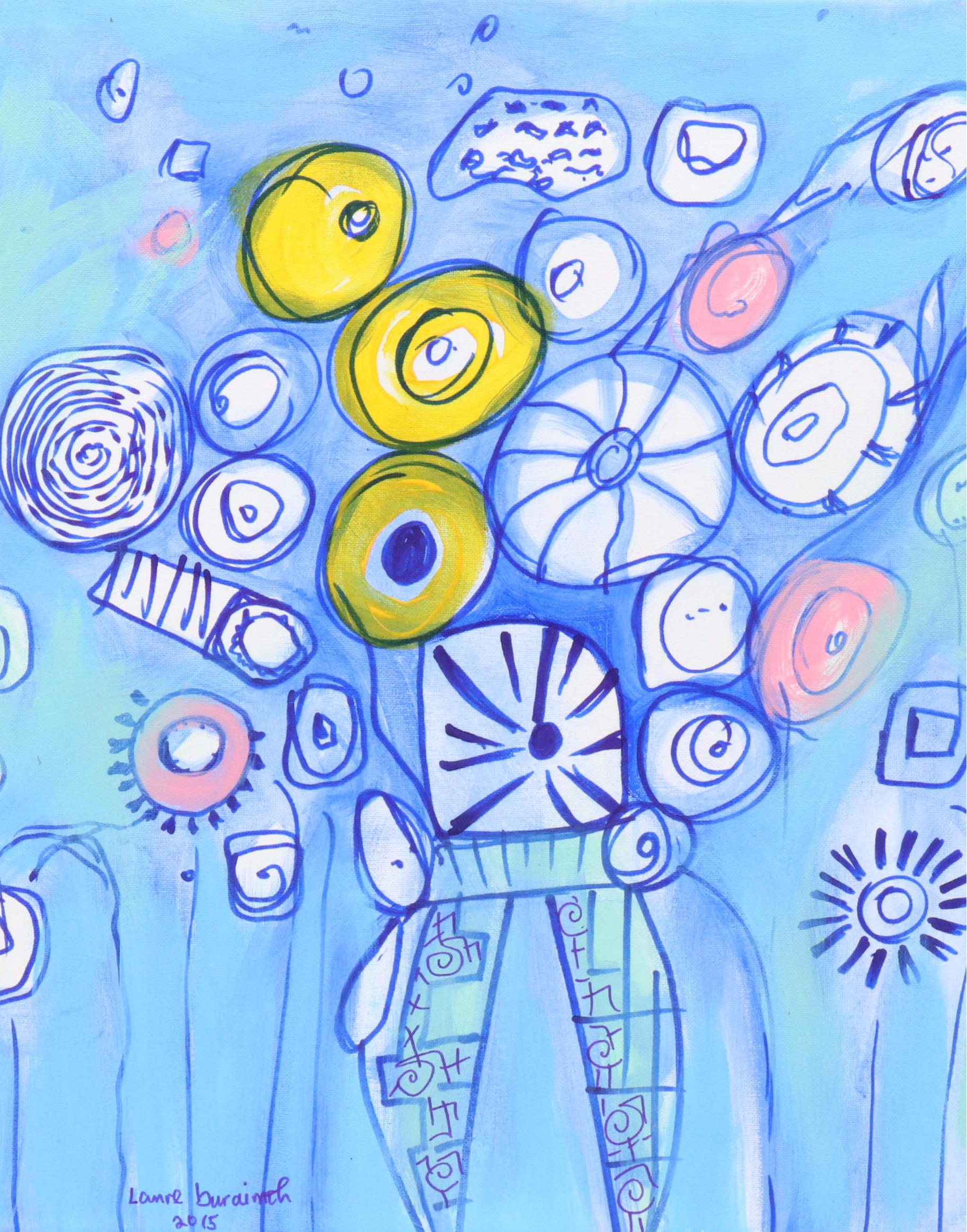 Lanre Buraimoh Stylized Floral Mixed Media Painting, 2015