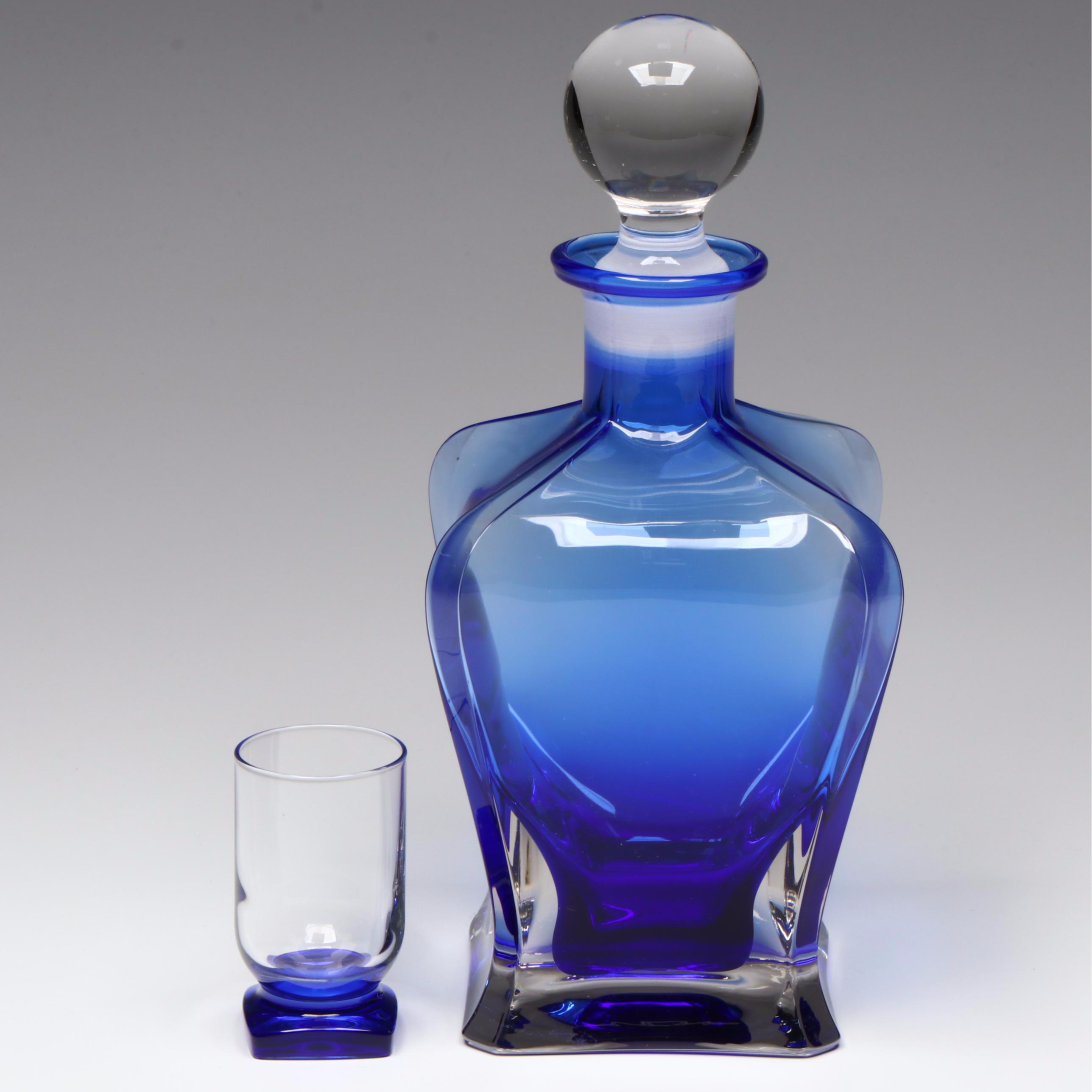 Contemporary Blue and Clear Glass Decanter and Glass