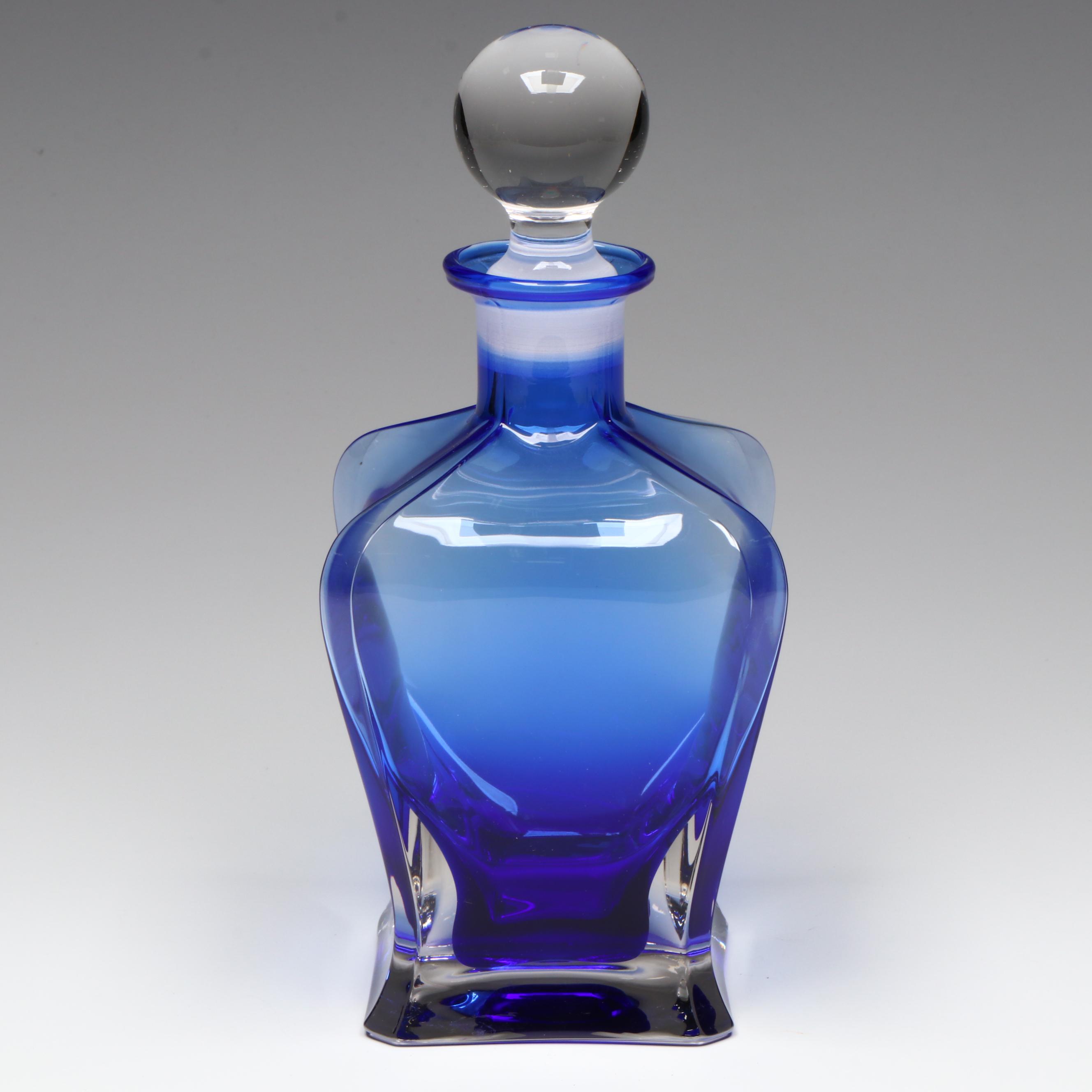 Contemporary Blue and Clear Glass Decanter and Glass