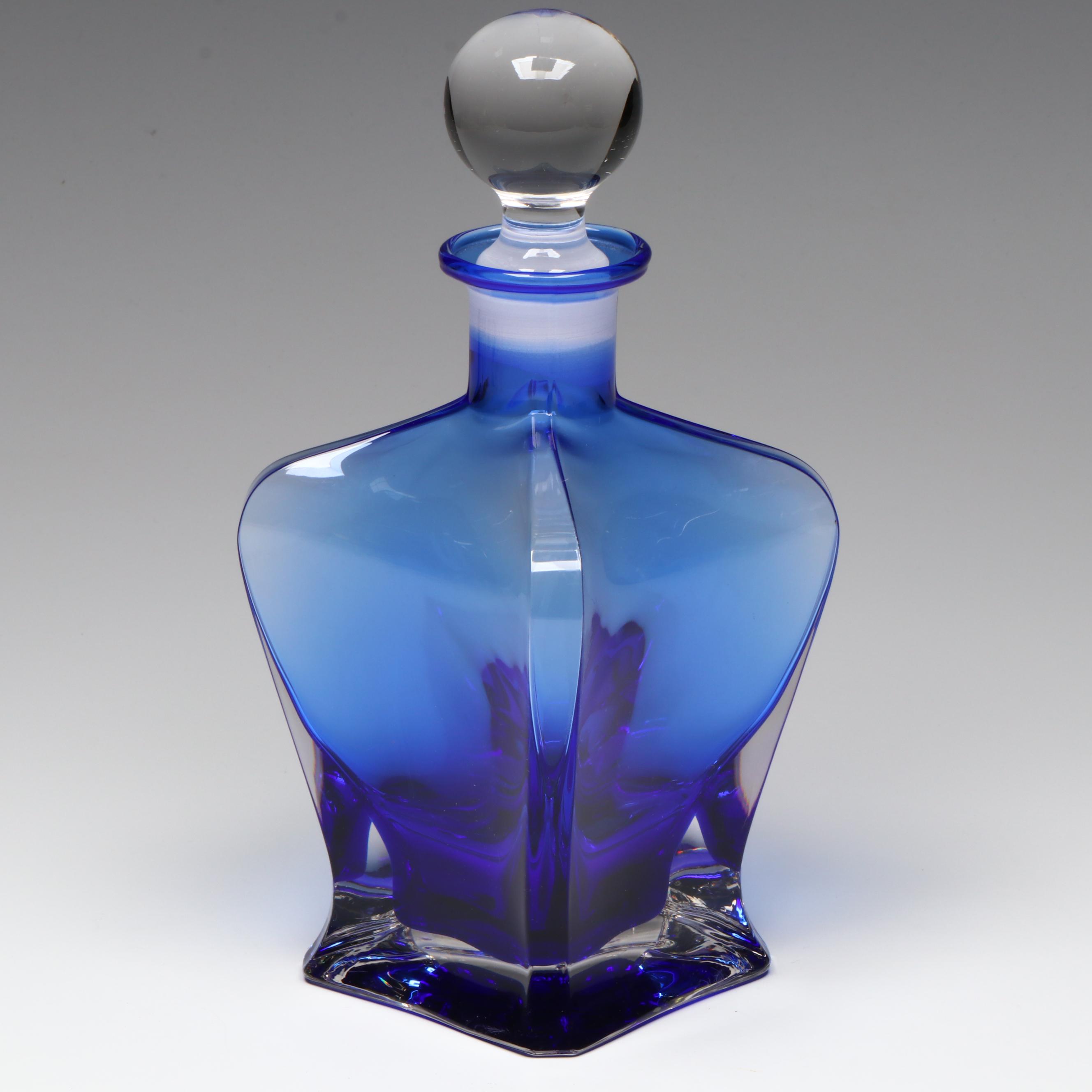 Contemporary Blue and Clear Glass Decanter and Glass