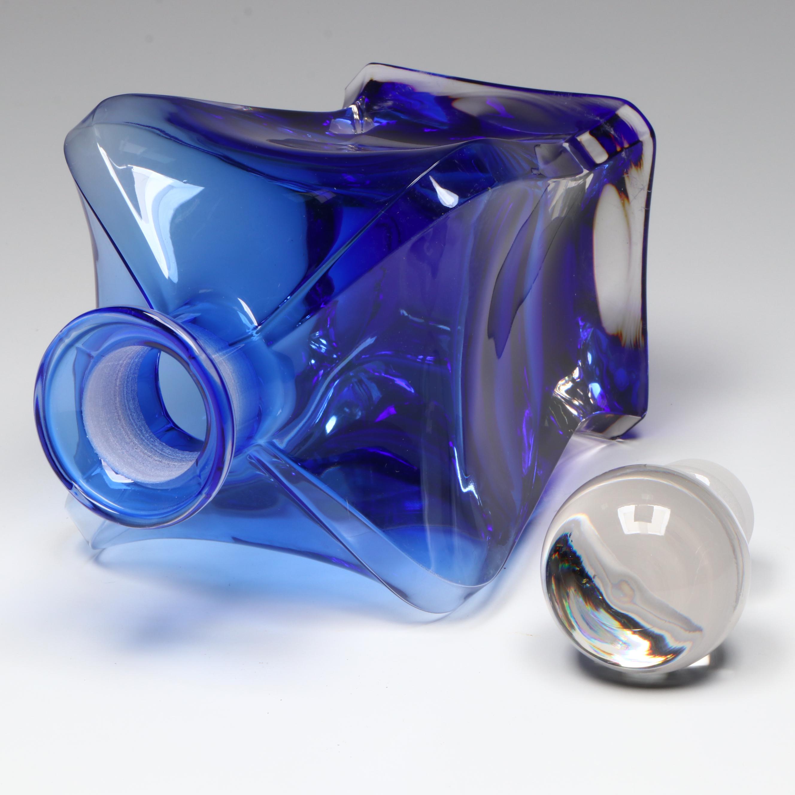 Contemporary Blue and Clear Glass Decanter and Glass