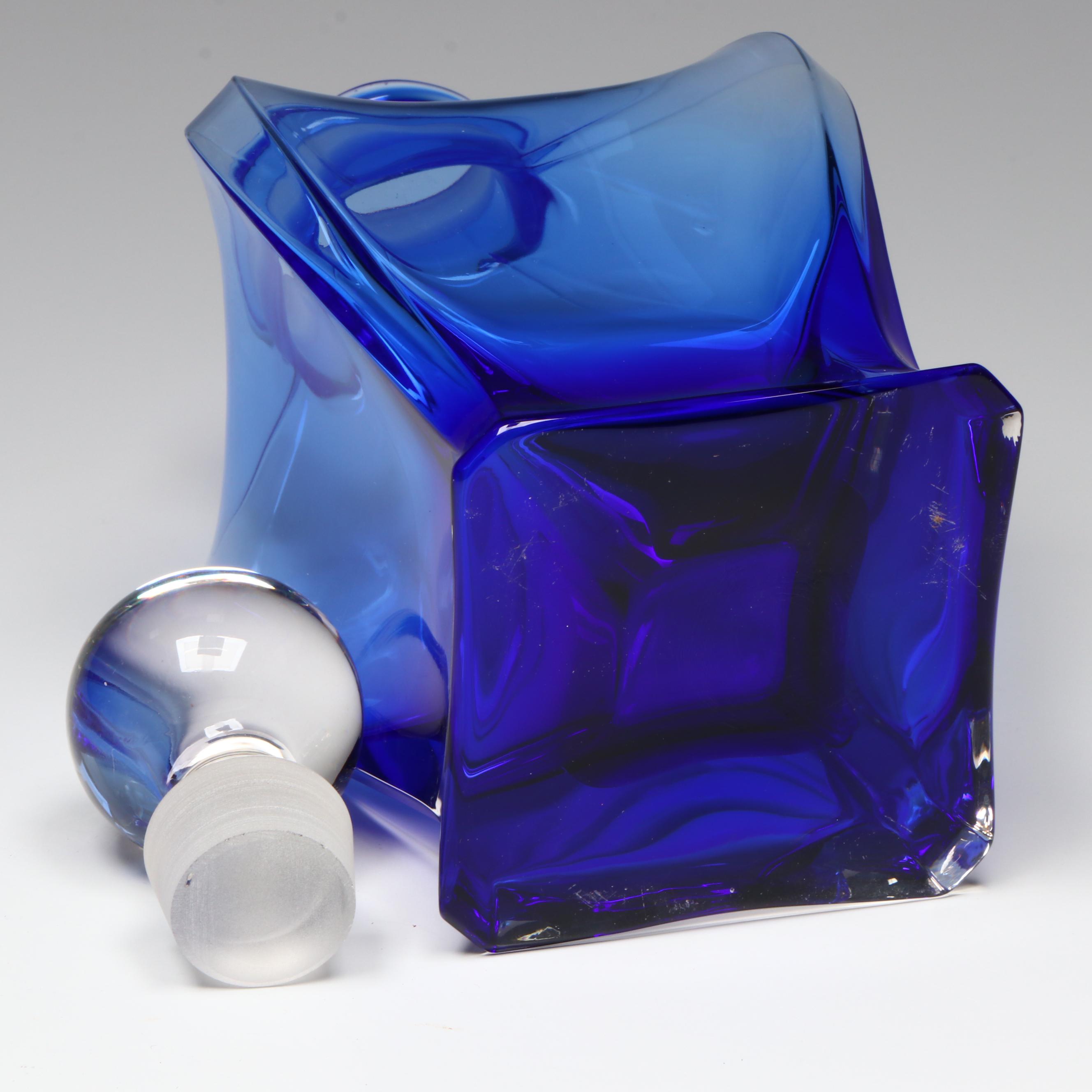 Contemporary Blue and Clear Glass Decanter and Glass
