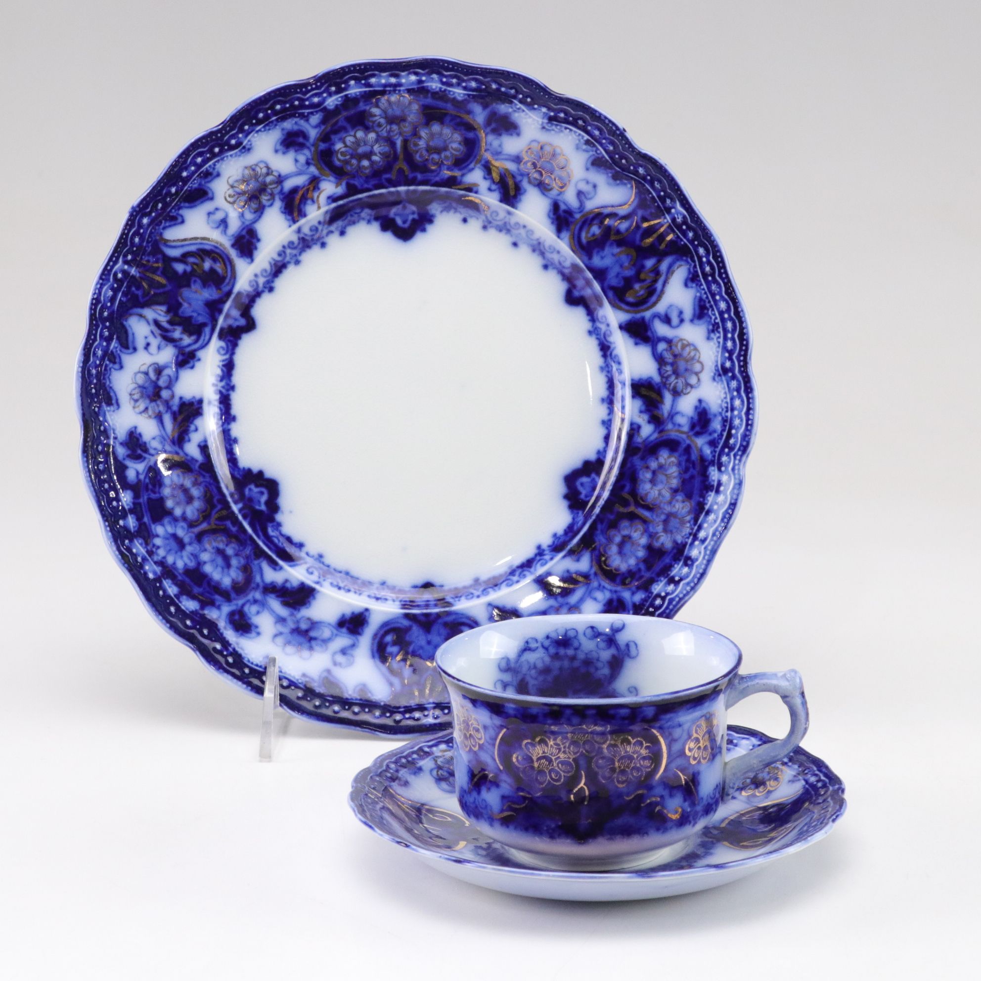 Wood & Son "Seville" Gilt Porcelain Flat Cup, Saucer & Plate