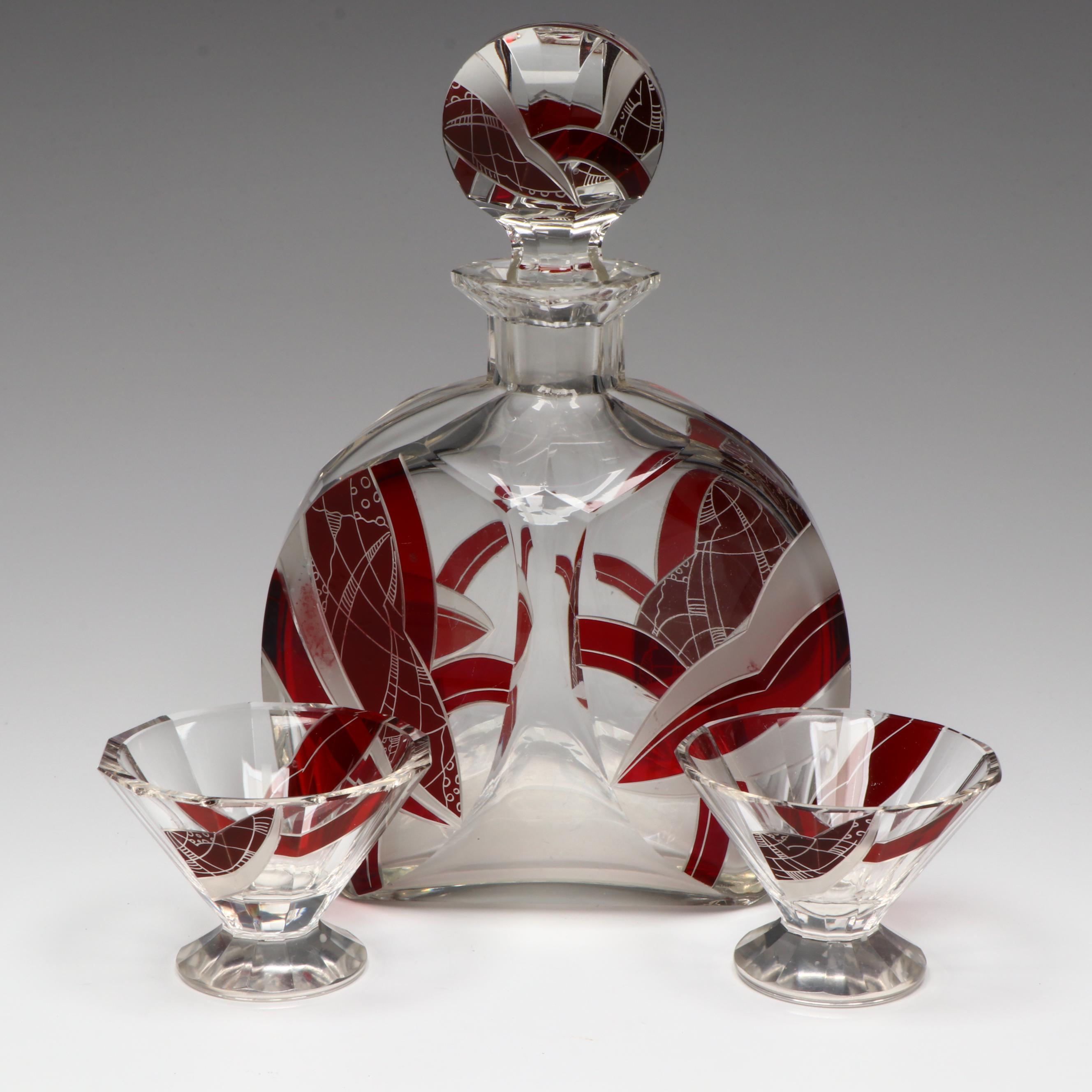 Karl Palda Art Deco Czech Crystal Decanter and Cocktail Glasses, Early 20th C.