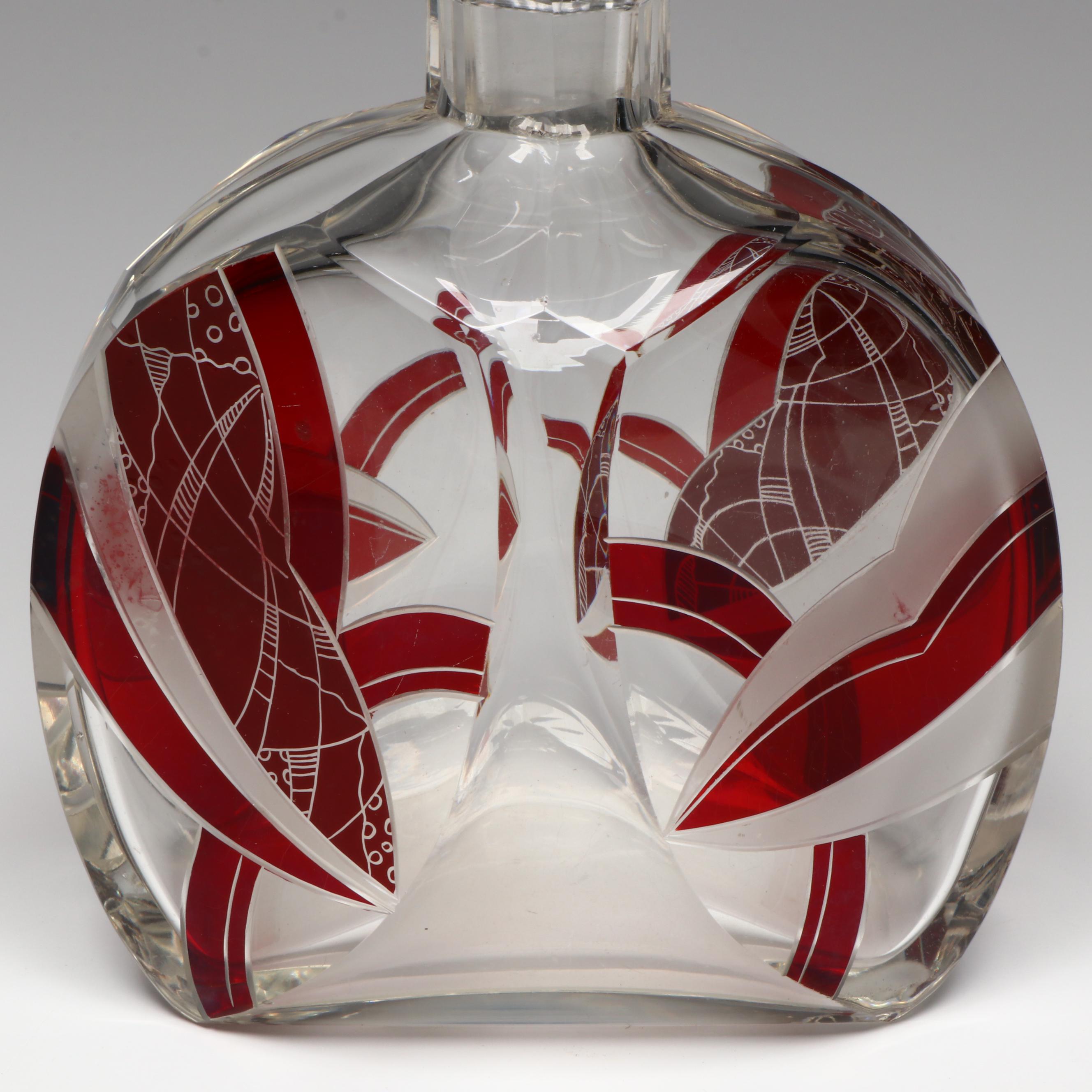 Karl Palda Art Deco Czech Crystal Decanter and Cocktail Glasses, Early 20th C.