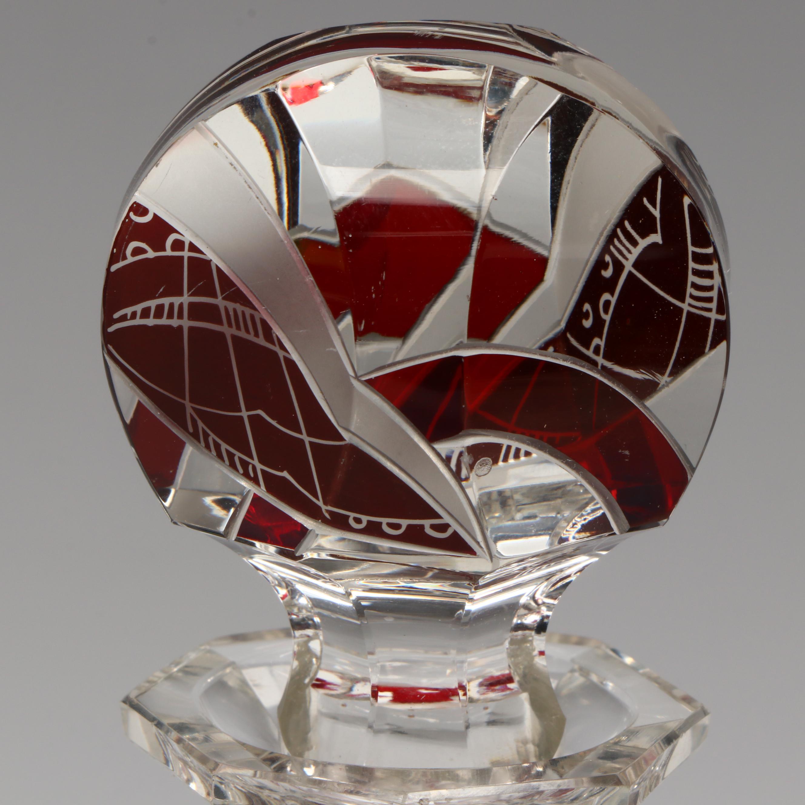 Karl Palda Art Deco Czech Crystal Decanter and Cocktail Glasses, Early 20th C.