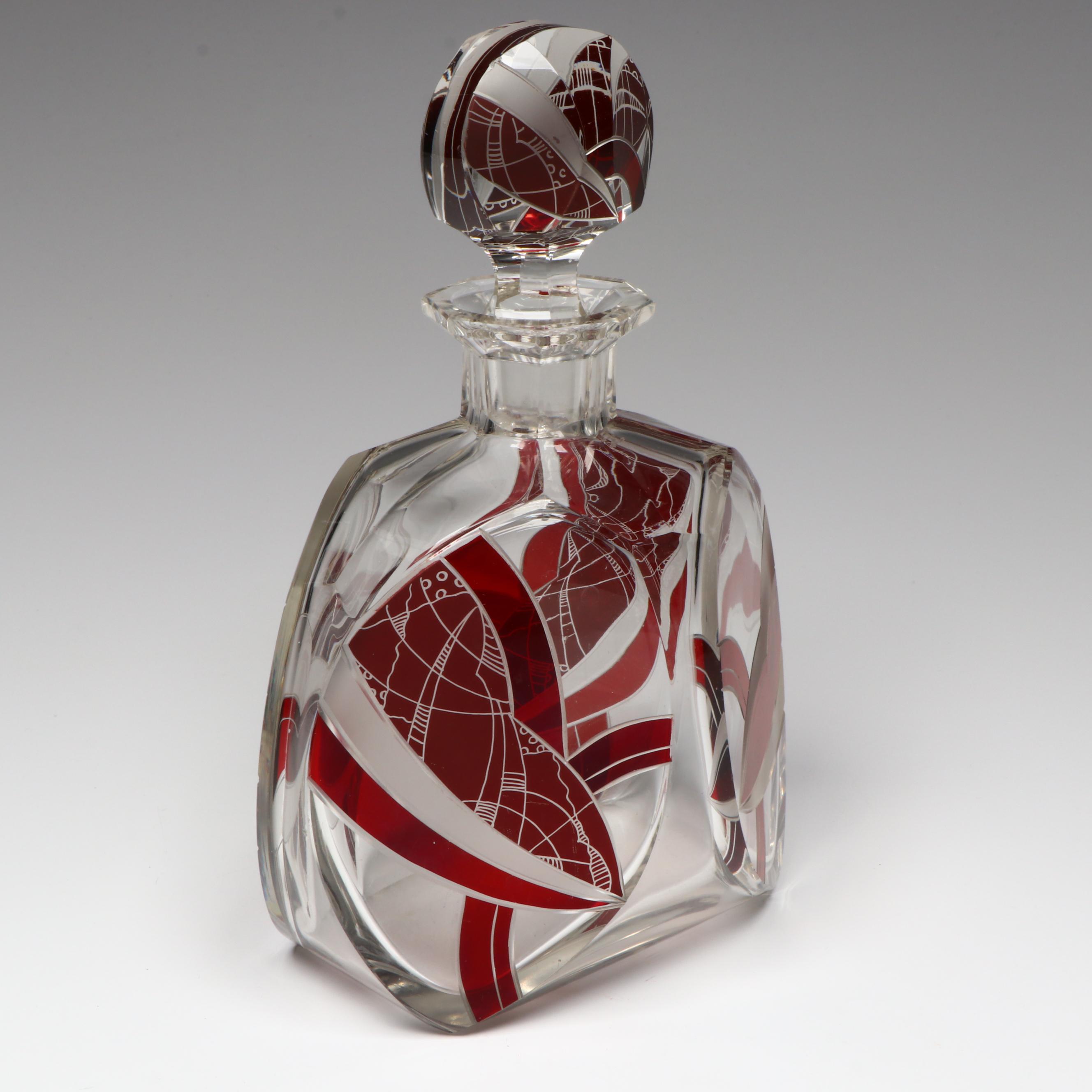 Karl Palda Art Deco Czech Crystal Decanter and Cocktail Glasses, Early 20th C.