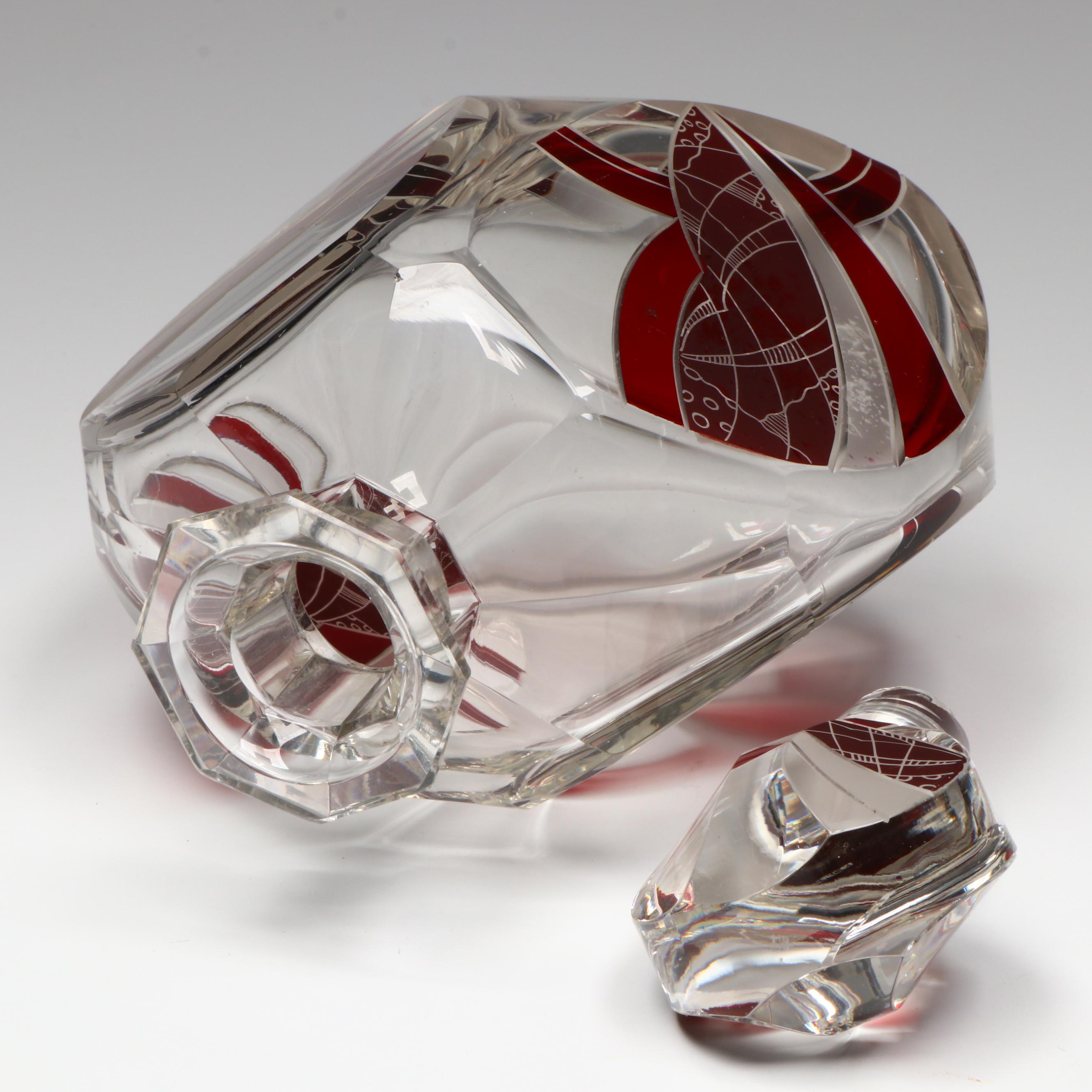 Karl Palda Art Deco Czech Crystal Decanter and Cocktail Glasses, Early 20th C.