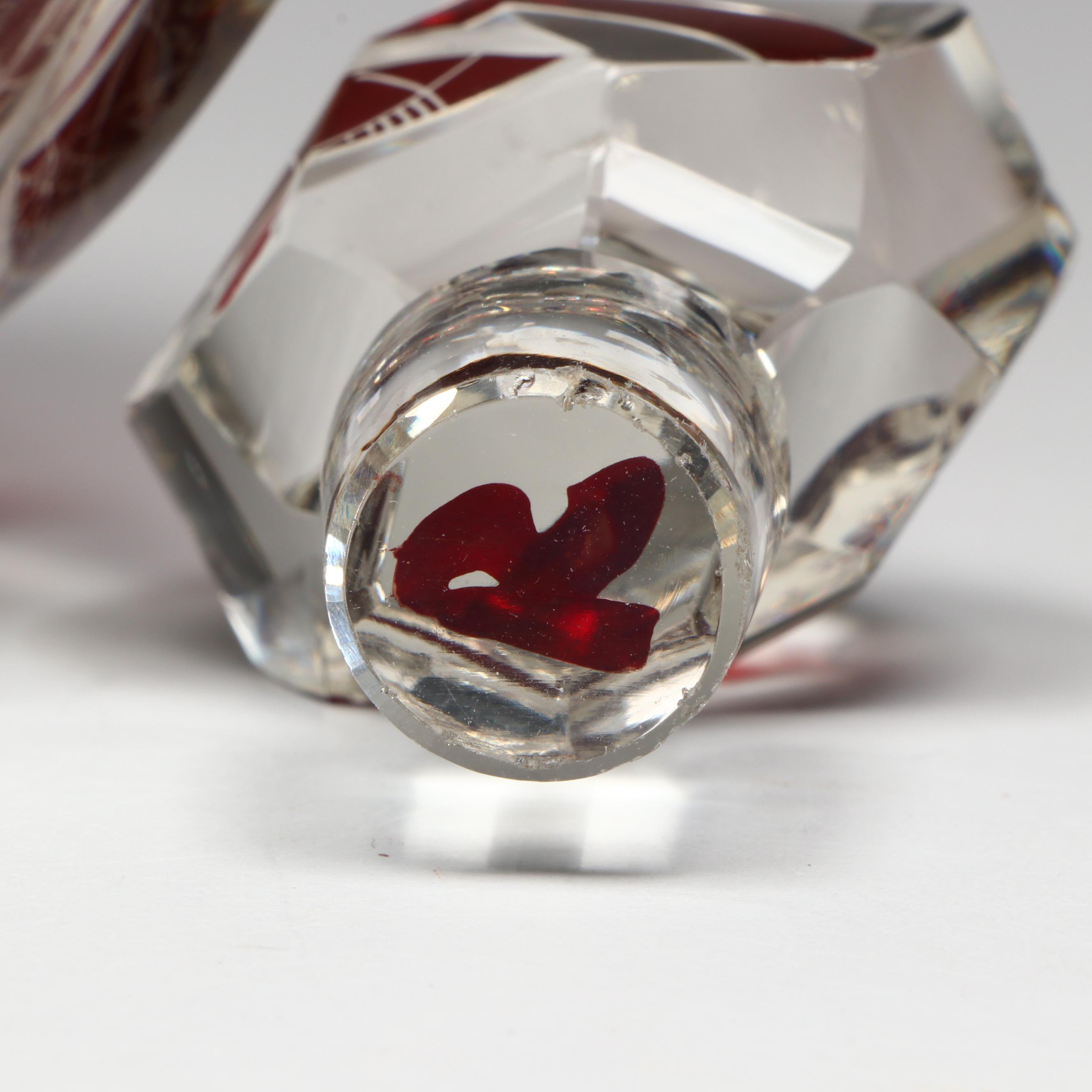 Karl Palda Art Deco Czech Crystal Decanter and Cocktail Glasses, Early 20th C.