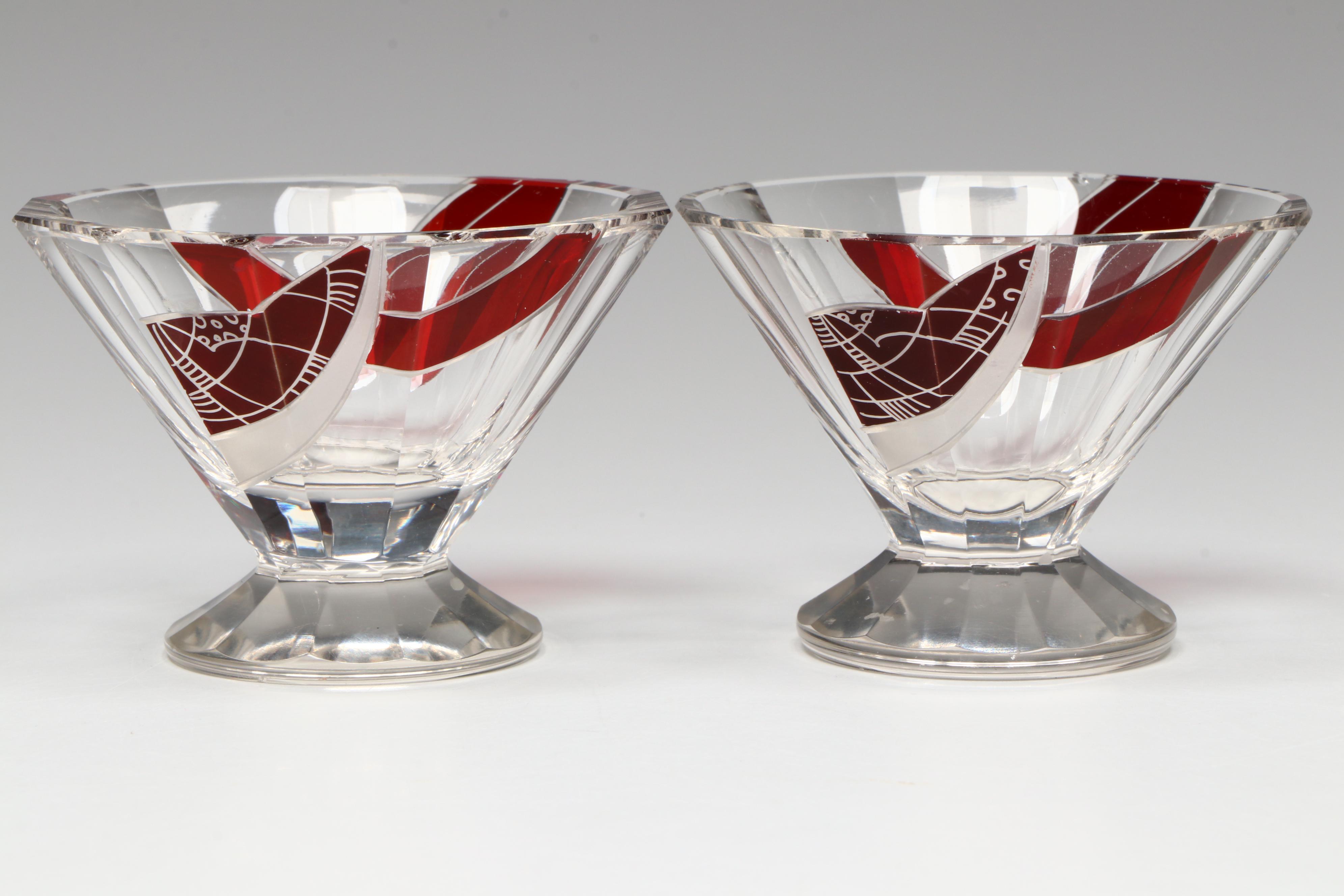 Karl Palda Art Deco Czech Crystal Decanter and Cocktail Glasses, Early 20th C.