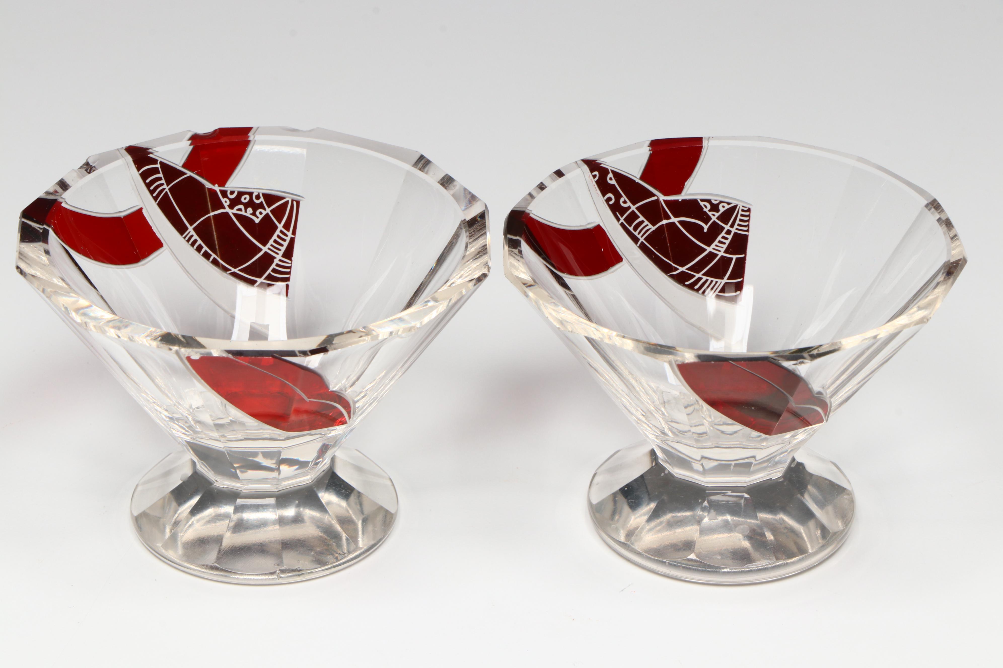 Karl Palda Art Deco Czech Crystal Decanter and Cocktail Glasses, Early 20th C.