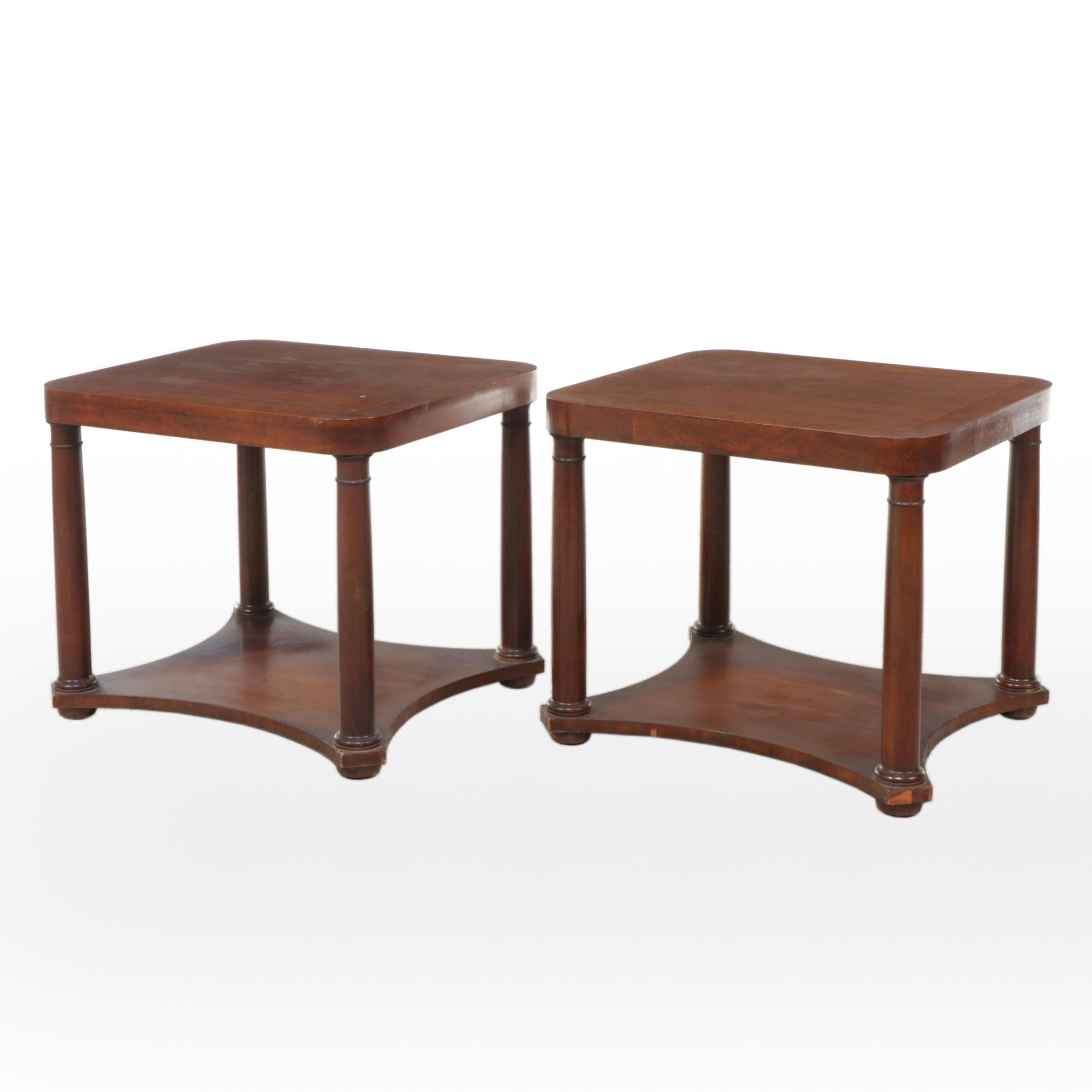 Pair of Baker Furniture Empire Style Burl Wood and Walnut End Tables