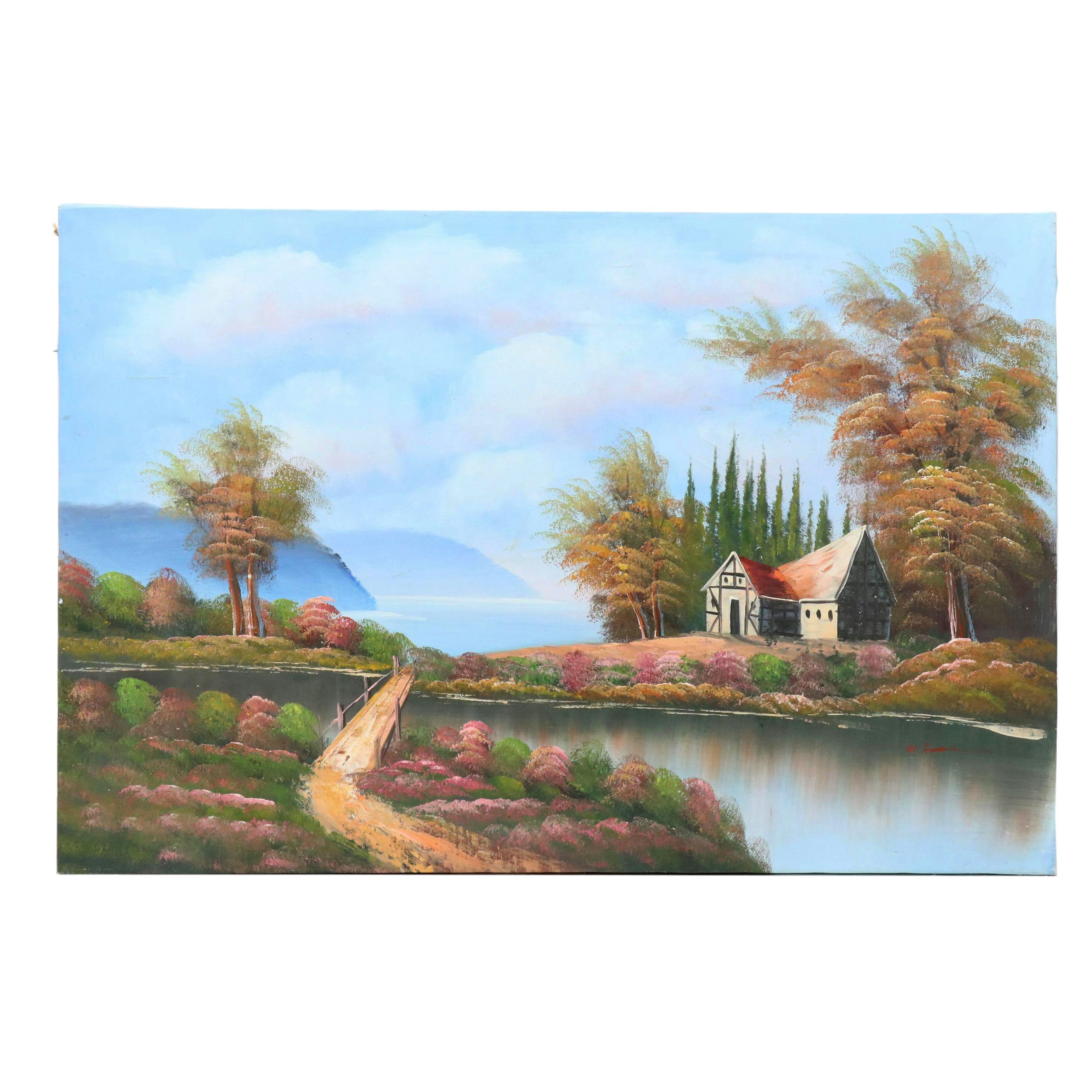 Idyllic Lake Landscape With Cottage Oil Painting, Mid-20th Century