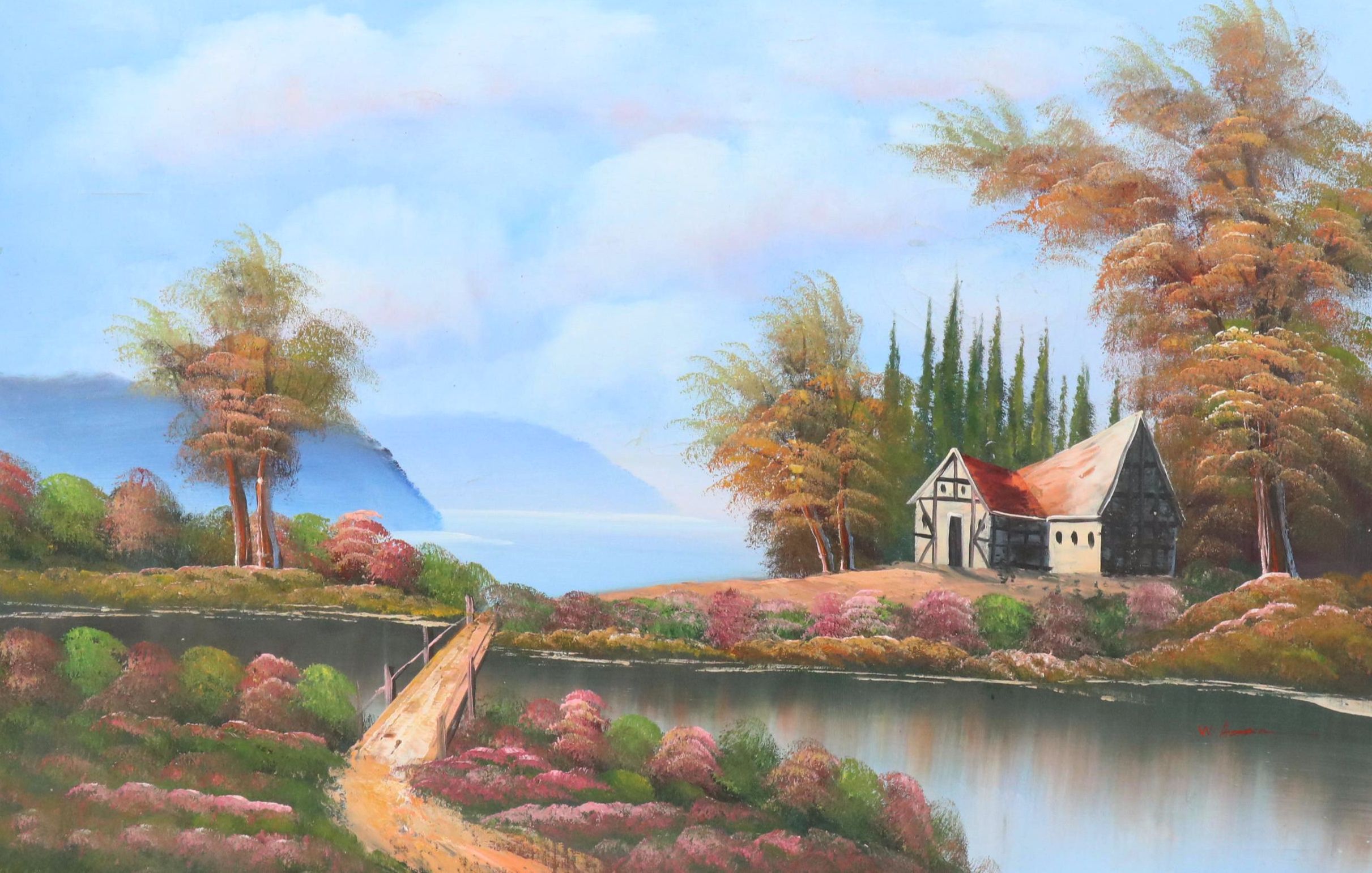 Idyllic Lake Landscape With Cottage Oil Painting, Mid-20th Century