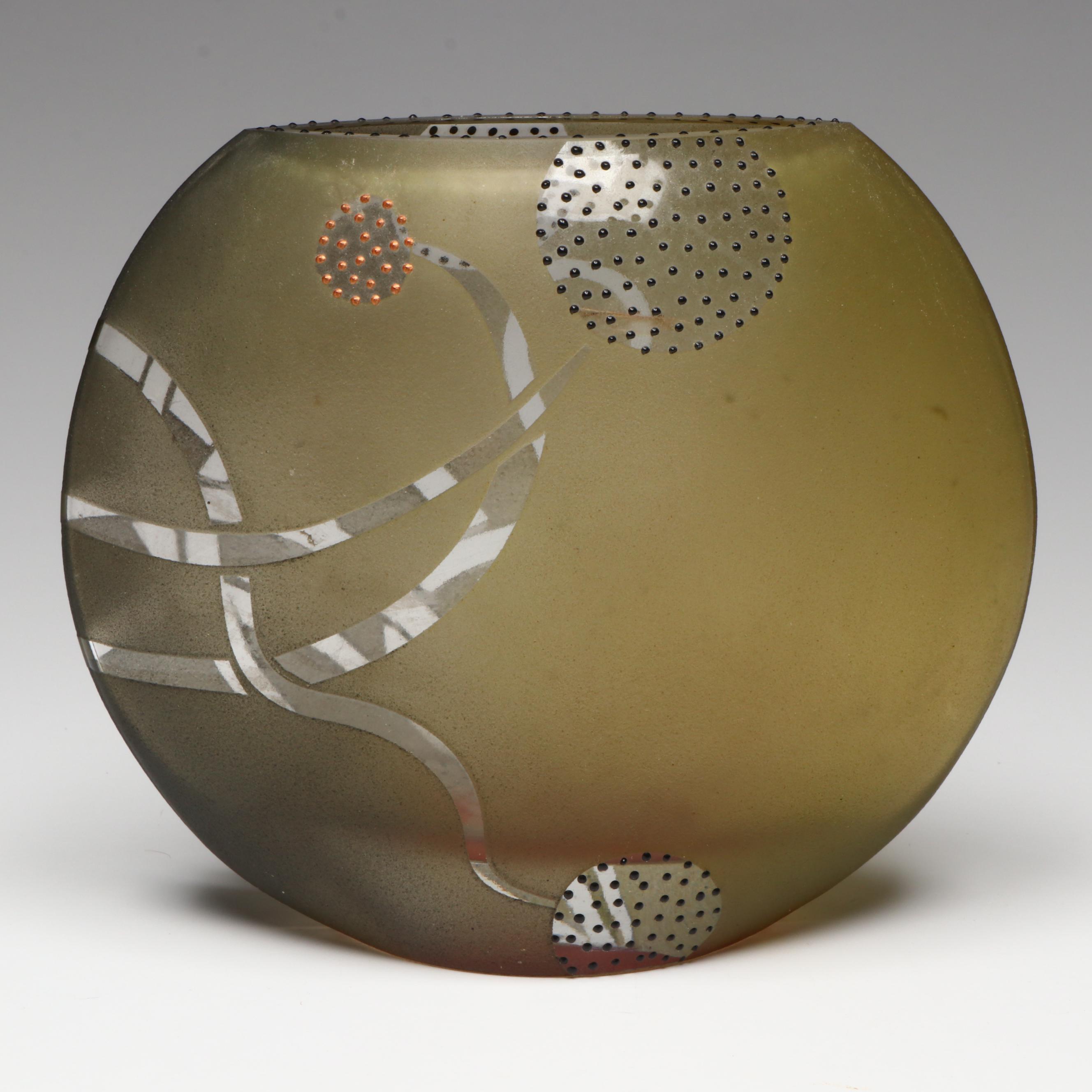 Etched Art Glass Disc Vase in the Style of Mary Melinda Wellsandt