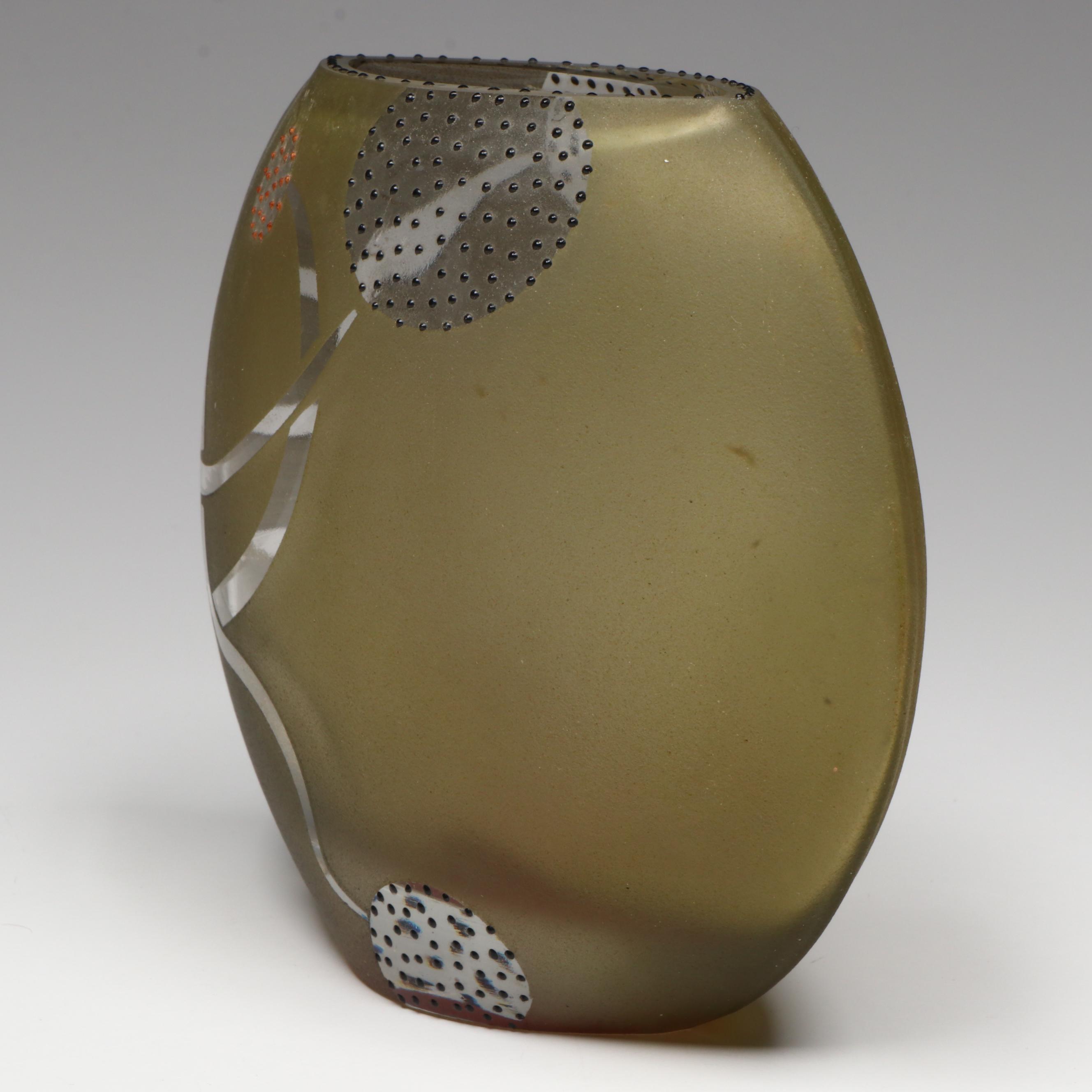Etched Art Glass Disc Vase in the Style of Mary Melinda Wellsandt