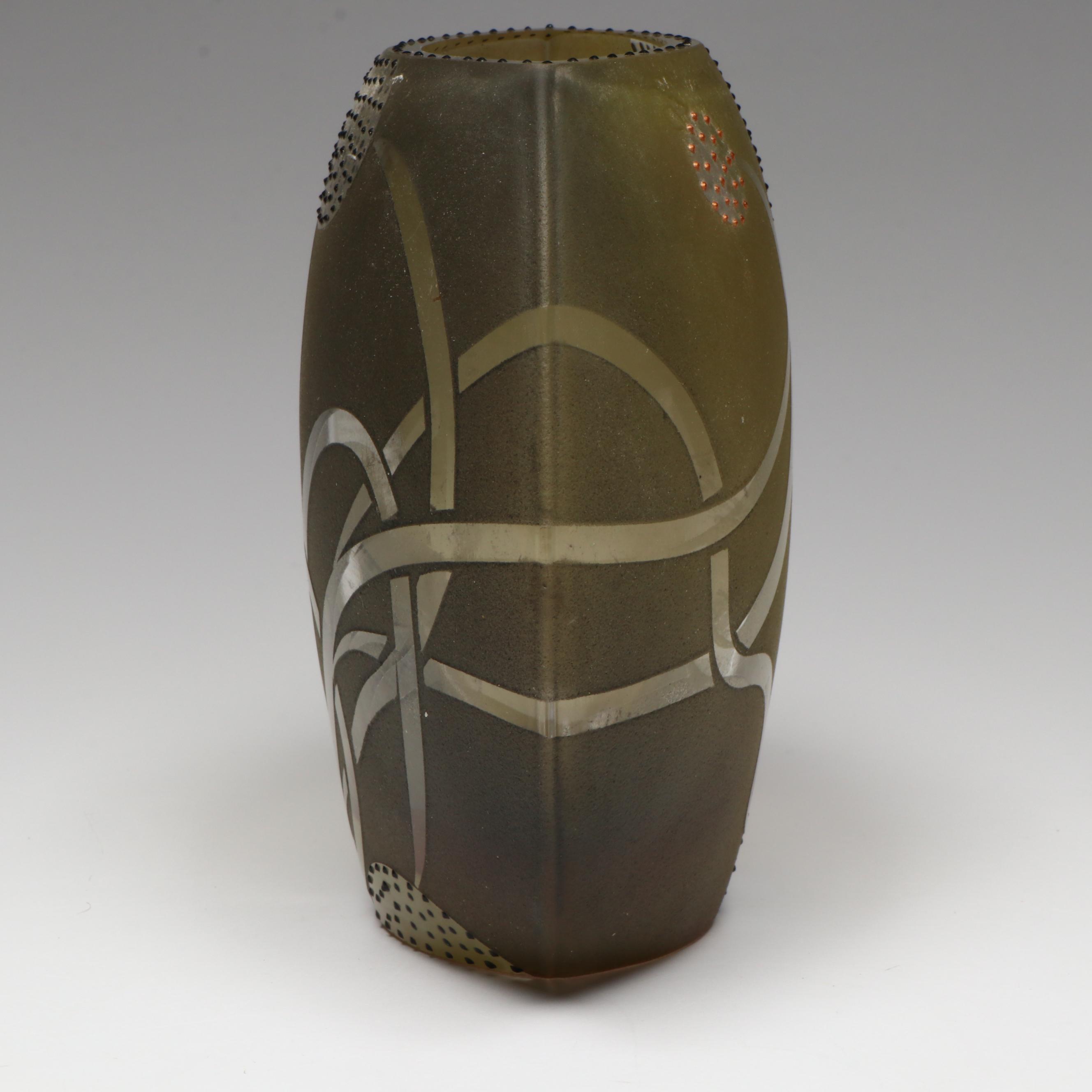 Etched Art Glass Disc Vase in the Style of Mary Melinda Wellsandt